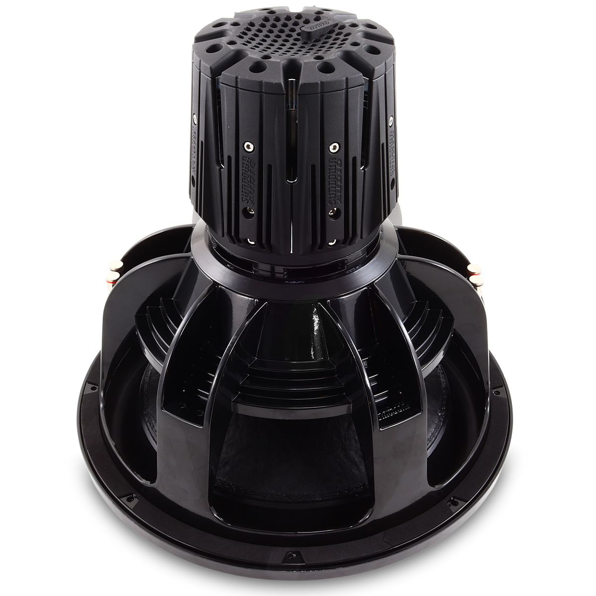 The Sundown Audio Nightshade NS-Series NS6 18 3000W Subwoofer boasts a robust design with a cylindrical top and open frame. It features intricate detailing, linear excursion technology for high performance, and Neodymium sub elements for powerful sound delivery.