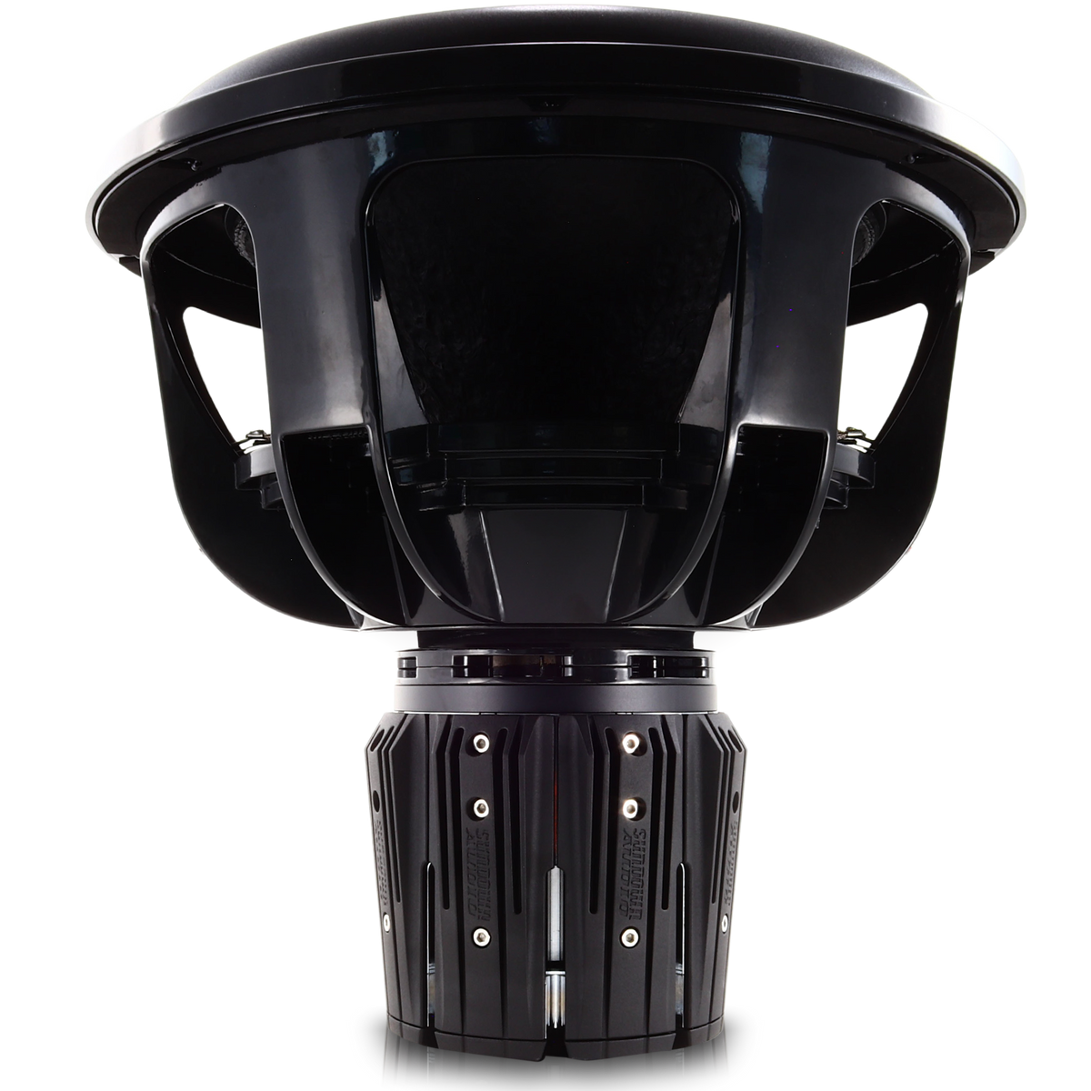 The Nightshade NS-Series NS6 18 3000W Subwoofer by Sundown Audio is a sleek, modern black subwoofer with a sturdy frame and multiple spokes. Featuring advanced linear excursion technology, this powerhouse emphasizes its robust build on a white background.