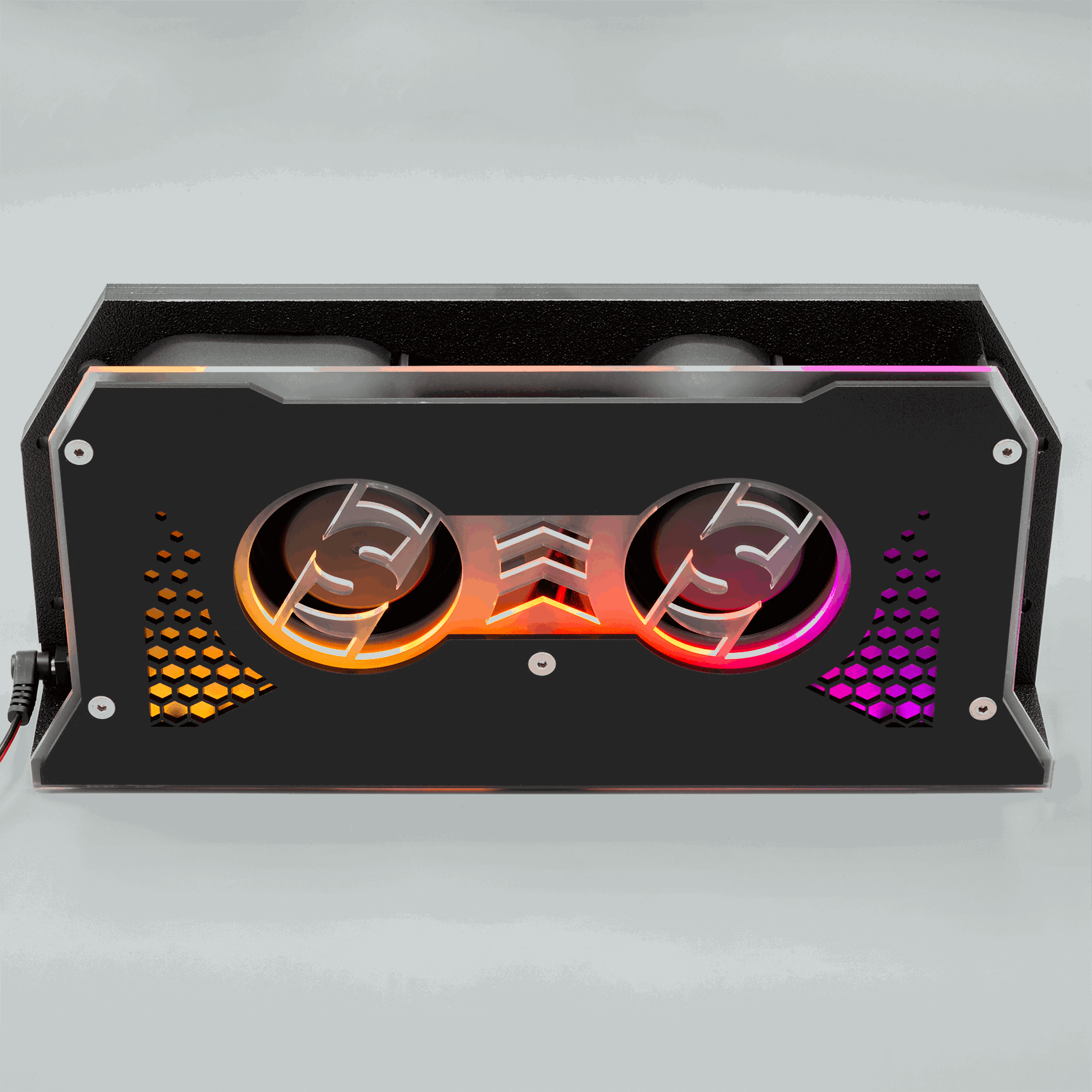 Front view of an illuminated cooling fan in orange and purple LED colors with a black top and stainless steel screws