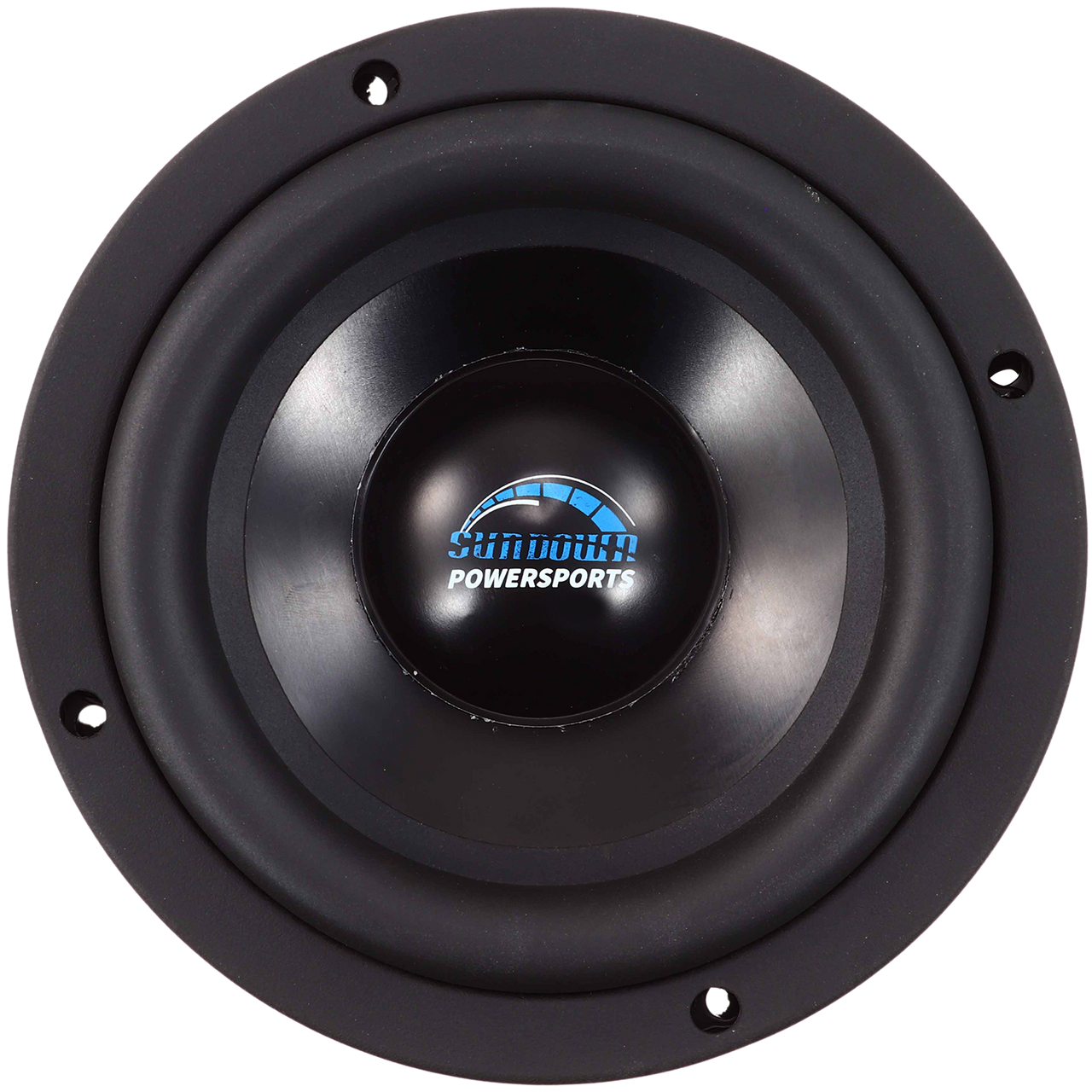 Close-up of a round black audio speaker featuring the Sundown Audio logo in the center, seamlessly integrating Bluetooth capability. Displayed against a white background, this Sundown Audio 2 PSE-6.5 Powersports Subwoofer offers enhanced sound quality for any experience.