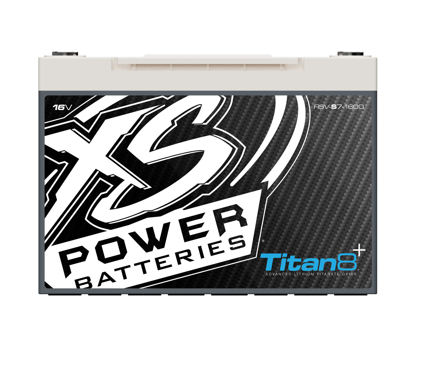 The image displays an XS Power Titan 8 16V RSV-S7-1600 LTO battery with a sleek black and white front label. XS and Power Batteries are prominently featured, with Titan8+ in blue at the lower right, and M6 terminal hardware ensures optimal connectivity.