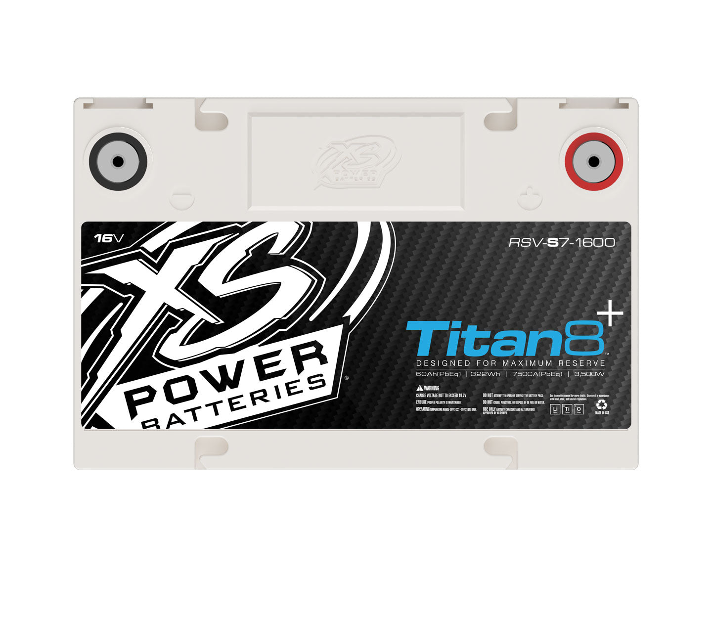 The image features an XS Power Titan 8 16V RSV-S7-1600 LTO Vehicle Battery with a sleek white casing and M6 Terminal Hardware. The Titan8+ branding highlights its high performance, providing a 1000A output at 3500W for maximum reserve.