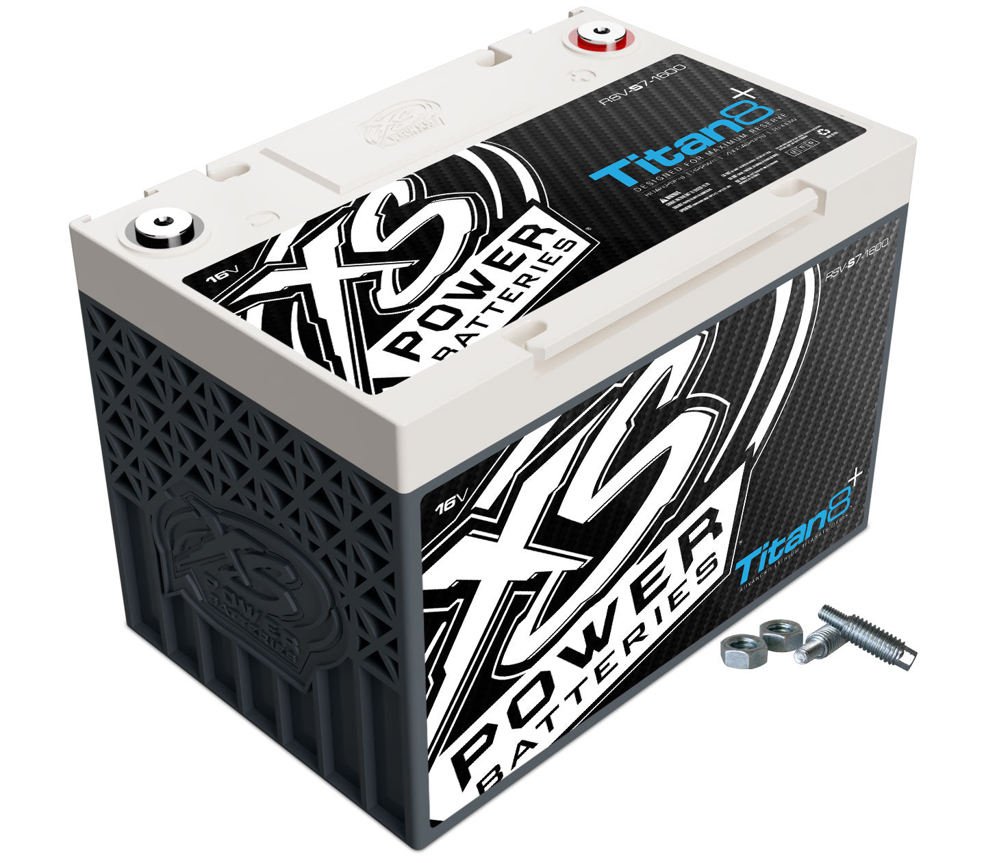 The image shows an XS Power Titan 8 RSV-S7-1600 Ground 34 lithium titanate oxide vehicle battery with a stylish white and black design, labeled Titan8 and 16V, featuring M6 terminal hardware with two bolts and washers.