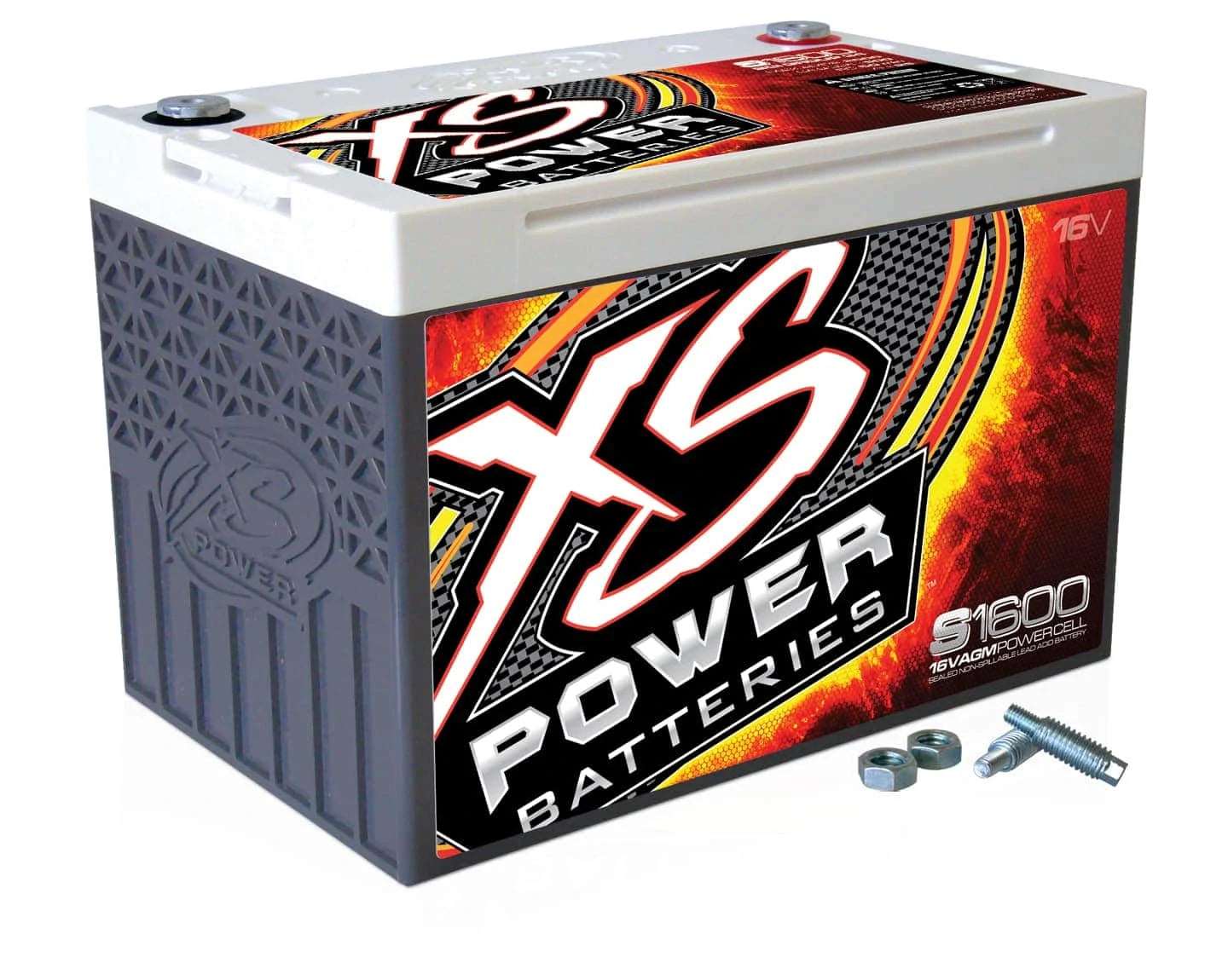 A rectangular XS Power battery with a striking design showcasing vibrant red, black, and white graphics on its side. The AGM racing vehicle battery, branded as the S1600 XS Power 16VDC, includes three metal bolts and a screw prominently displayed in the foreground.