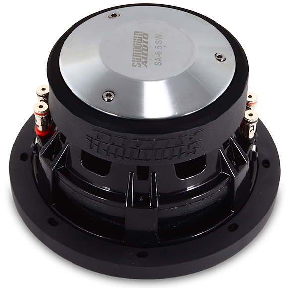 Close-up of the Sundown Audio SA-Series v.2 6.5 Subwoofer in black and silver, showcasing its intricate metalwork and connector terminals, designed to deliver deep bass with high performance.