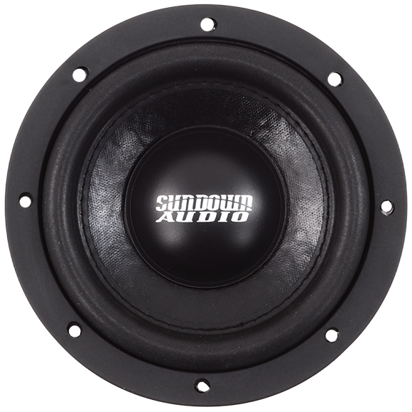Close-up of the high-performance SA-Series v.2 6.5 Subwoofer by Sundown Audio, showcasing a black speaker with Sundown Audio on the central dome, a circular frame with eight evenly spaced mounting holes, designed to deliver deep bass in sub enclosures.