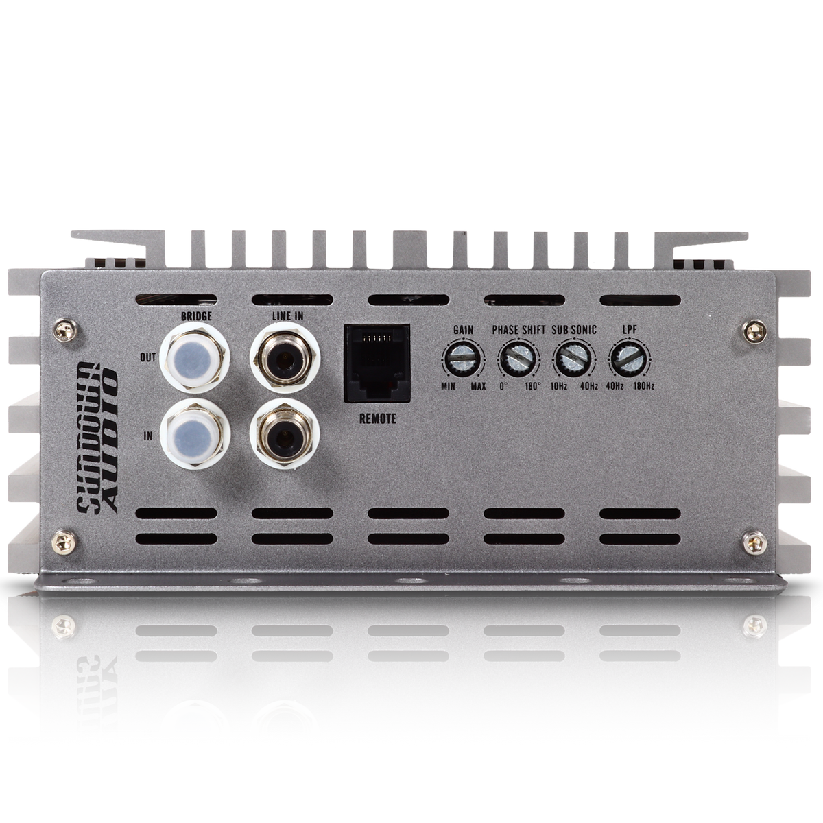 The rear view of a silver Sundown Audio SAEv4-1000.1D Mono Amplifier showcases input/output ports, RCA jacks, a remote port, and control switches for gain, phase shift, subsonic and low-pass filter adjustments.