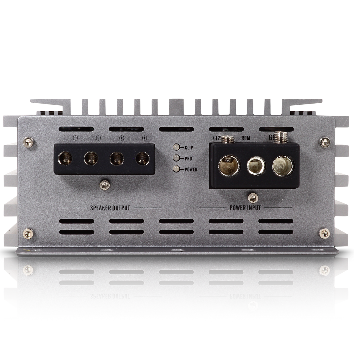 The rear panel of the Sundown Audio SAEv4-1000.1D Mono Amplifier has Speaker Output and Power Input ports, along with indicator lights for clip, protect, and power. The reflective surface highlights its sleek Class D design.