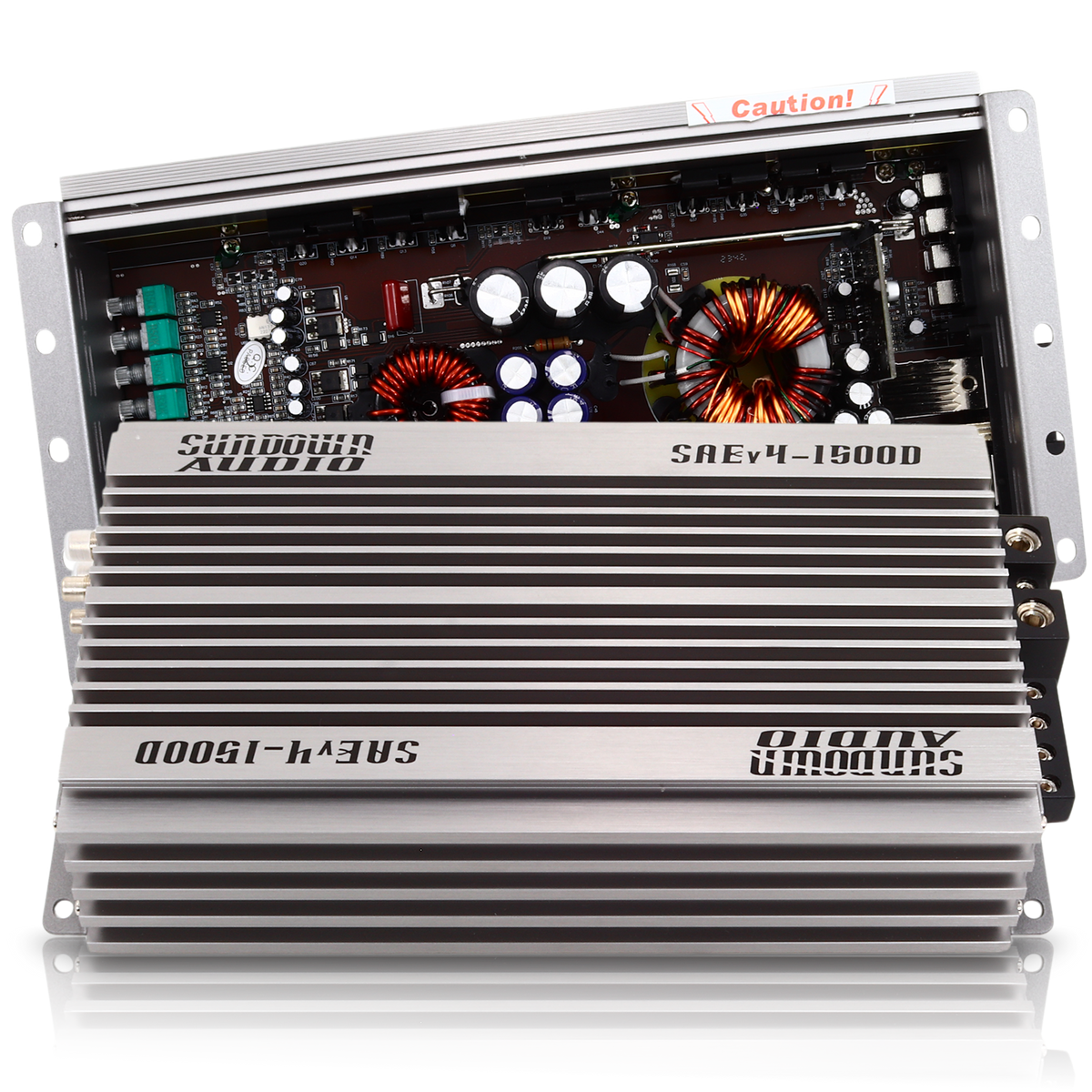 The Sundown Audio SAEv4-1500.1D Class D amplifier, with a silver finned heat sink cover partially removed, reveals internal components like capacitors and coils and features advanced protection circuitry for optimal performance.