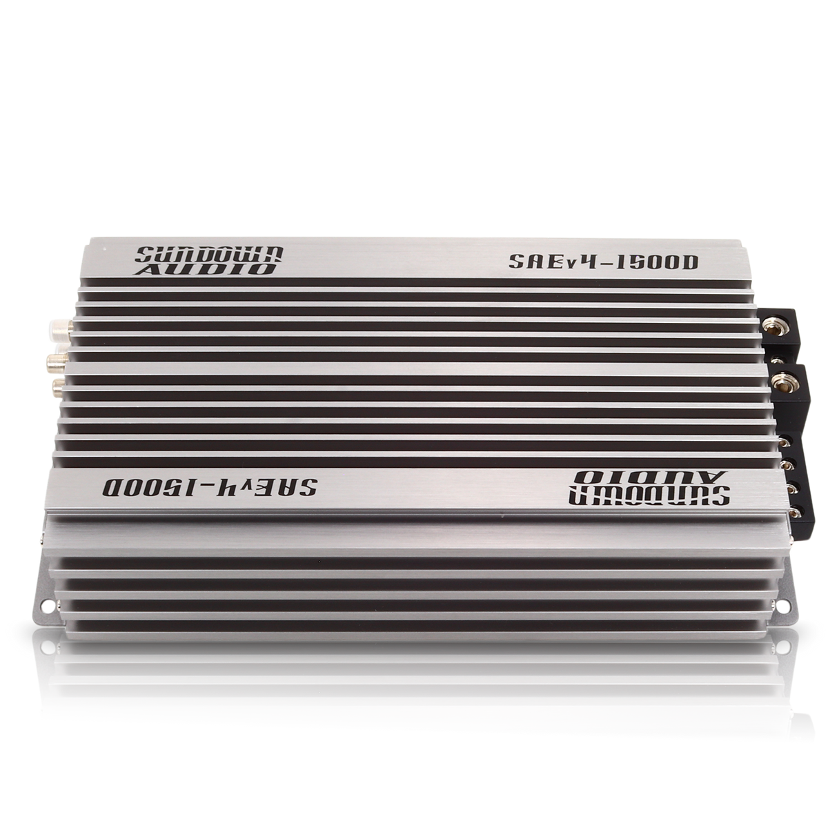 The silver SAEv4-1500.1D Amplifier by Sundown Audio features a ribbed metallic design, protection circuitry, and side connectors for easy wiring.