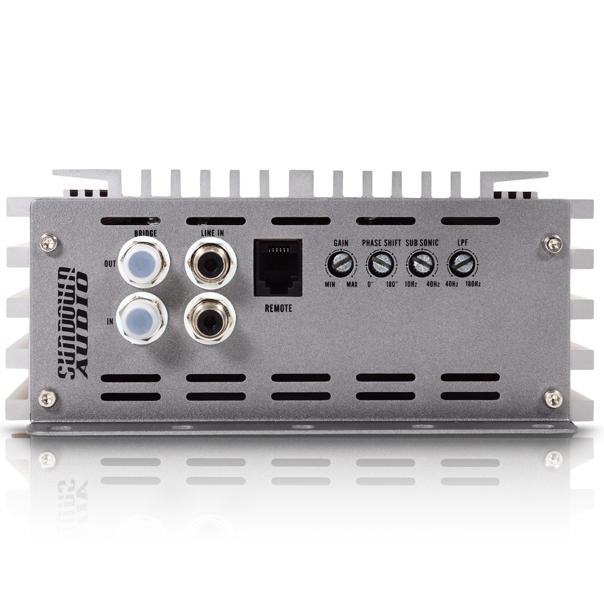 The rear view of the Sundown Audio SAEv4-1500.1D Amplifier shows input/output connections like RCA jacks and an Ethernet port, plus control dials for Gain, Phase Shift, Subsonic Filter, and LFP. A protection circuitry logo is featured on the side.