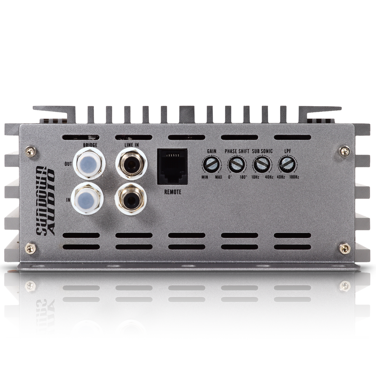 The back of the SAEv4-2000.1D Class D metal car audio amplifier features various input ports, including RCA connectors, a remote connection, and control knobs for Gain, Phase Shift, and the subsonic filter. The Sundown Audio logo is prominently displayed on the side.