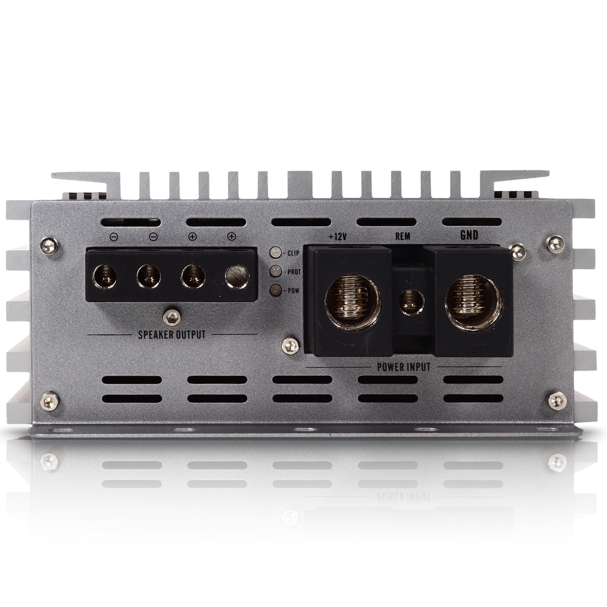 The image shows the back panel of the Sundown Audio SAEv4-3000.1D metallic Class D car amplifier with visible connection ports, including speaker output terminals and power inputs labeled +12V, REM, and GND. A reflection is visible below.