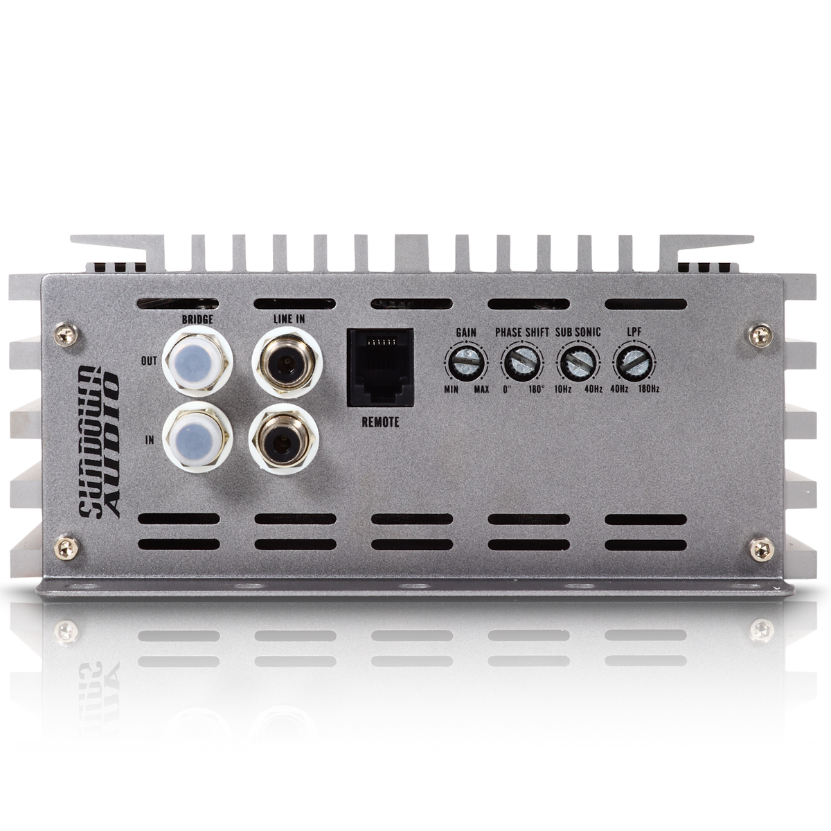 Rear view of a Silver Sundown Audio SAEv4-600.1D Mono Amplifier, featuring input ports and switches for gain, phase, sub-sonic, and low pass filter with labeled frequencies. An Ethernet port for remote connectivity is also visible on this Class D amplifier.