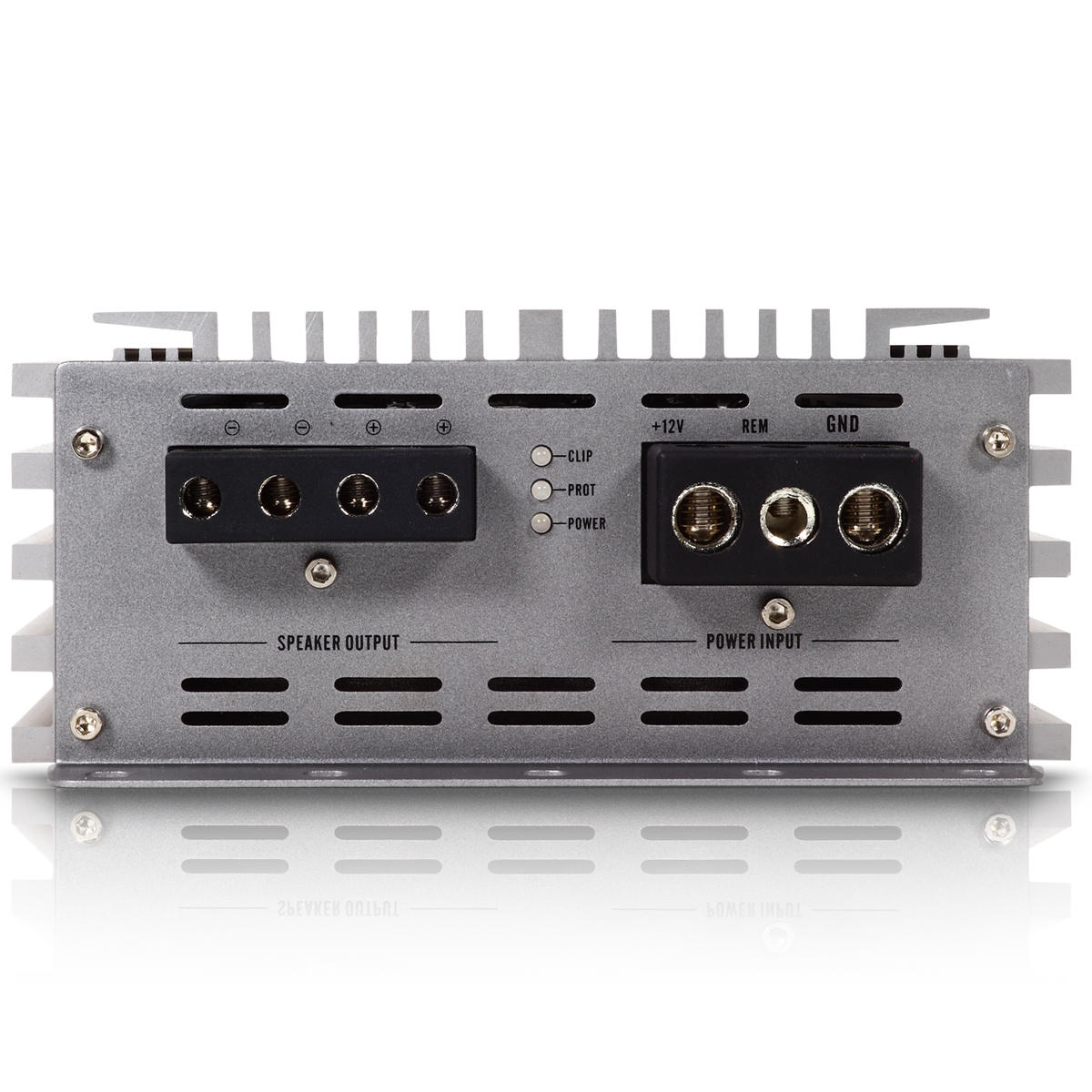 Close-up of a Sundown Audio SAEv4-600.1D Mono Amplifier rear panel, highlighting Class D features with labeled sections for speaker output and power input, plus ports for +12V, REM, GND connections. Indicator lights show clip, prot, and power status.