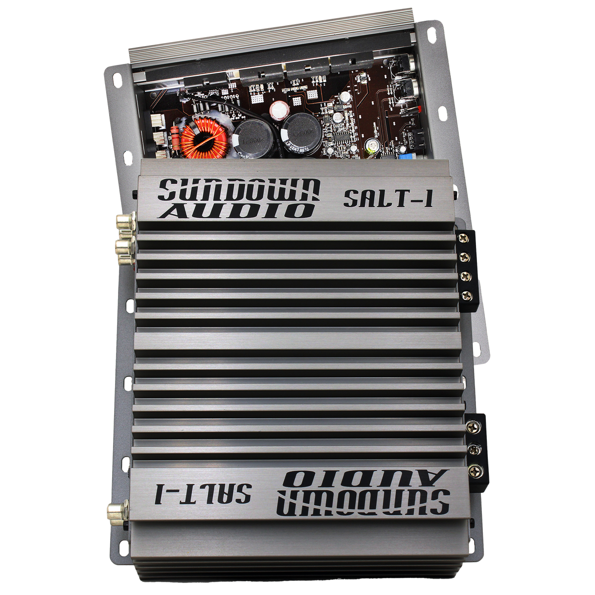 The Sundown Audio SALT-1 Class D Amplifier, delivering 1,000 watts of power, features a slightly open cover that reveals its intricate internal design. Its exterior is a metallic finish with black heat sink fins and clearly labeled end panels.