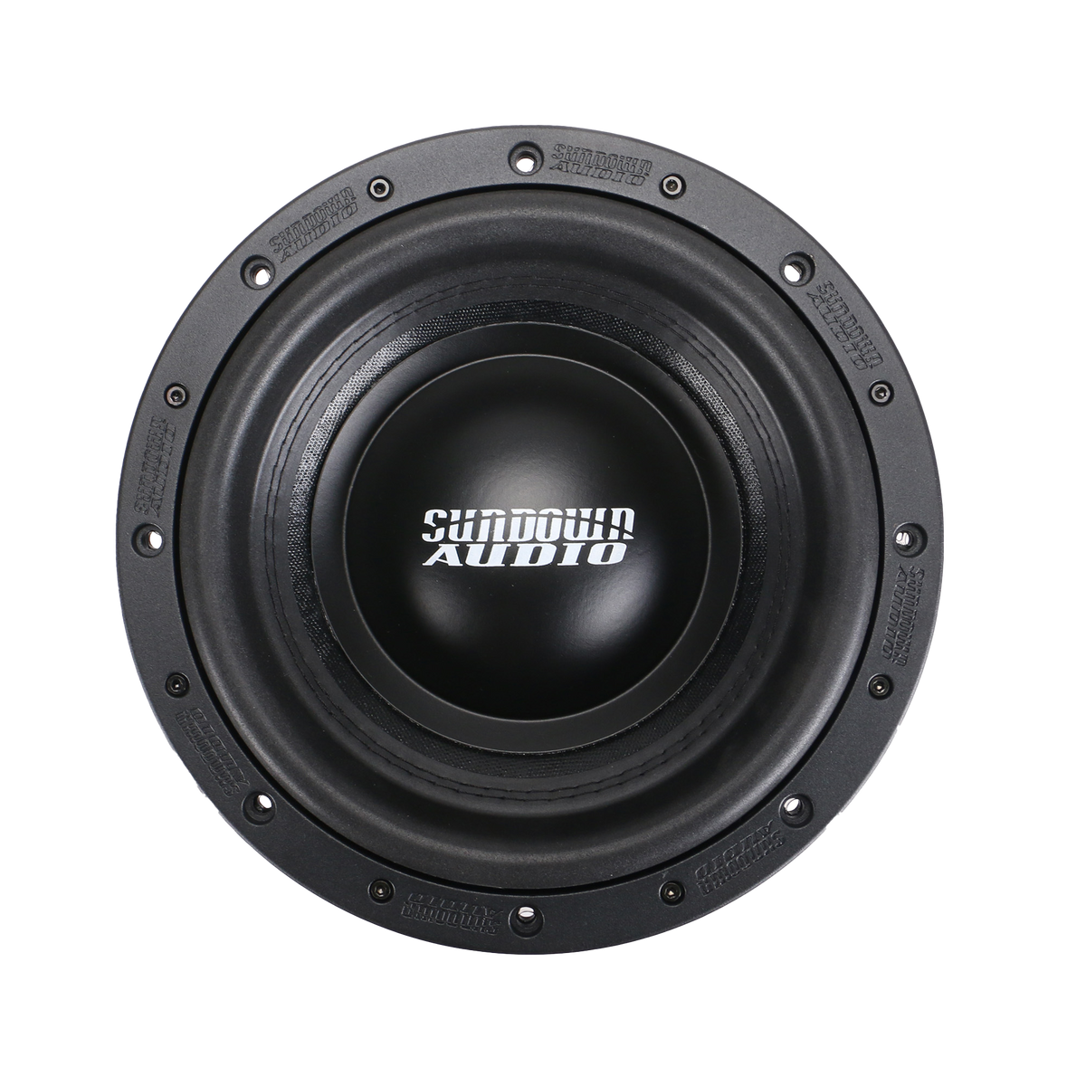 Sundown Audios SA-Series v.3 10 black car subwoofer features a round design with visible screws, dual voice coils, and RMS 1250 watts.