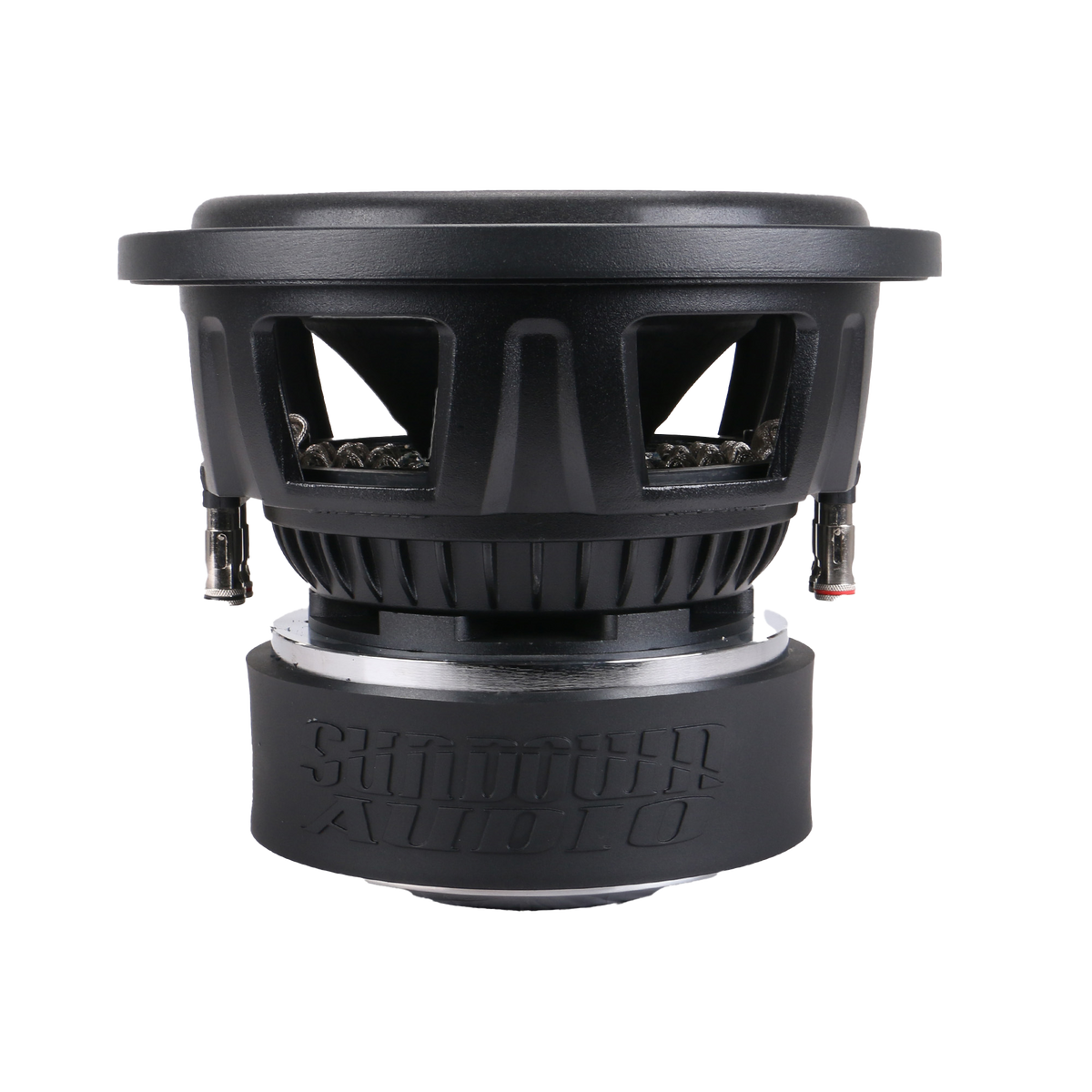 The SA-Series v.3 10 Subwoofer by Sundown Audio is a black car subwoofer with dual voice coils, domed top, exposed wiring connectors, and a brand logo embossed on the side. It has vents for airflow and offers 1250 watts RMS, perfect for high-performance audio enthusiasts.