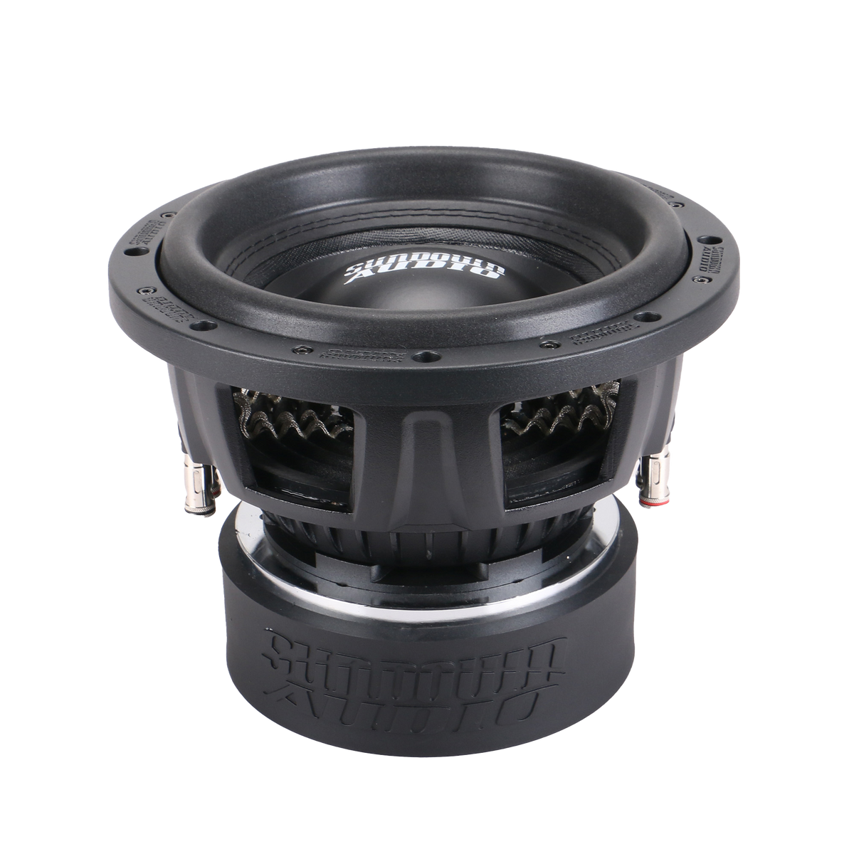 The Sundown Audio SA-Series v.3 10 Subwoofer features a black circular cone with a metal rim and branding at the base. It includes dual voice coils, visible side connecting terminals, and is shown on a white surface that hints at enclosure specs for optimal sound quality.