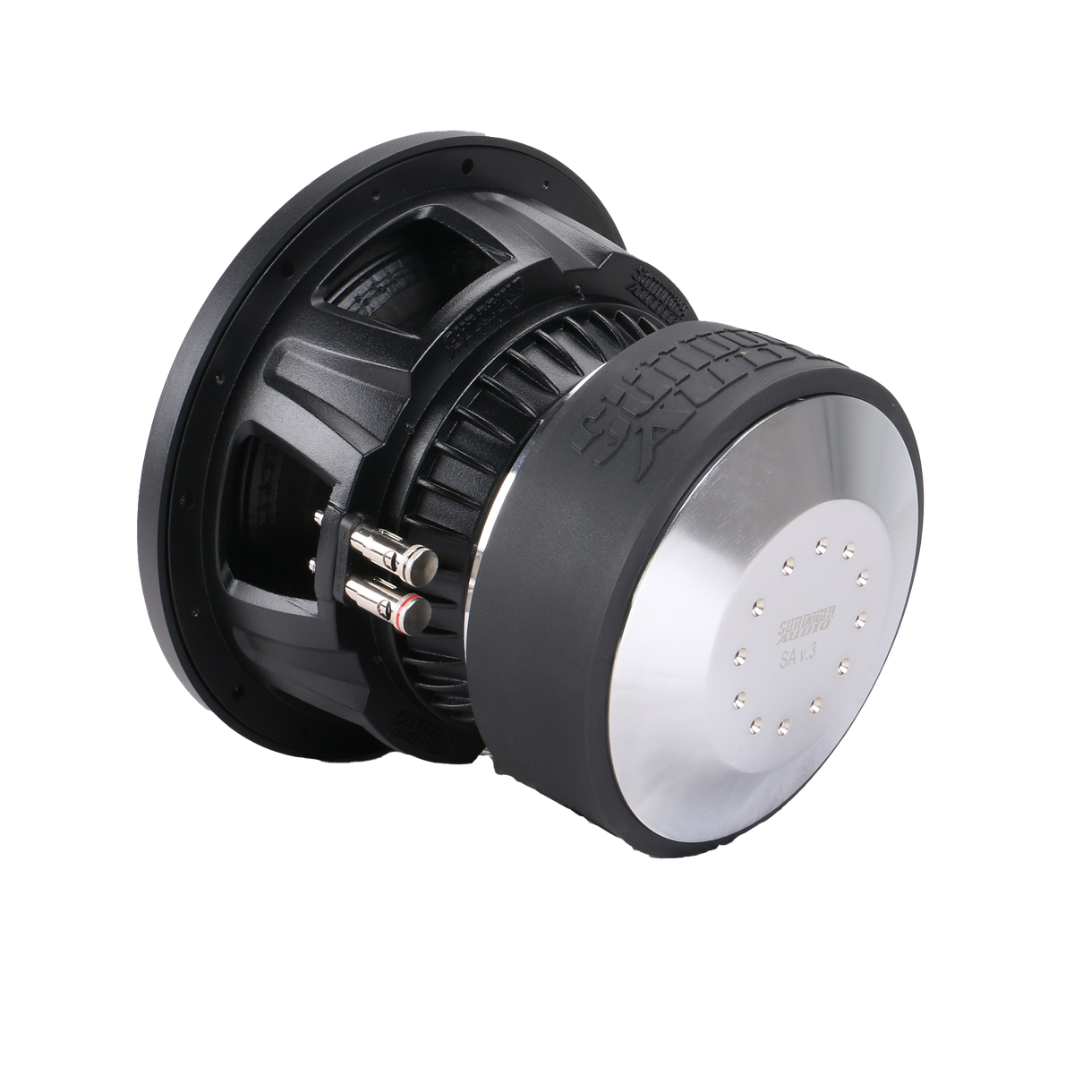 The Sundown Audio SA-Series v.3 10 Subwoofer, in black and silver with a rugged cylindrical design, offers dual voice coils for enhanced performance, visible wiring terminals, and textured surface details. The brand name subtly embossed complements its powerful 1250 watts RMS capability.