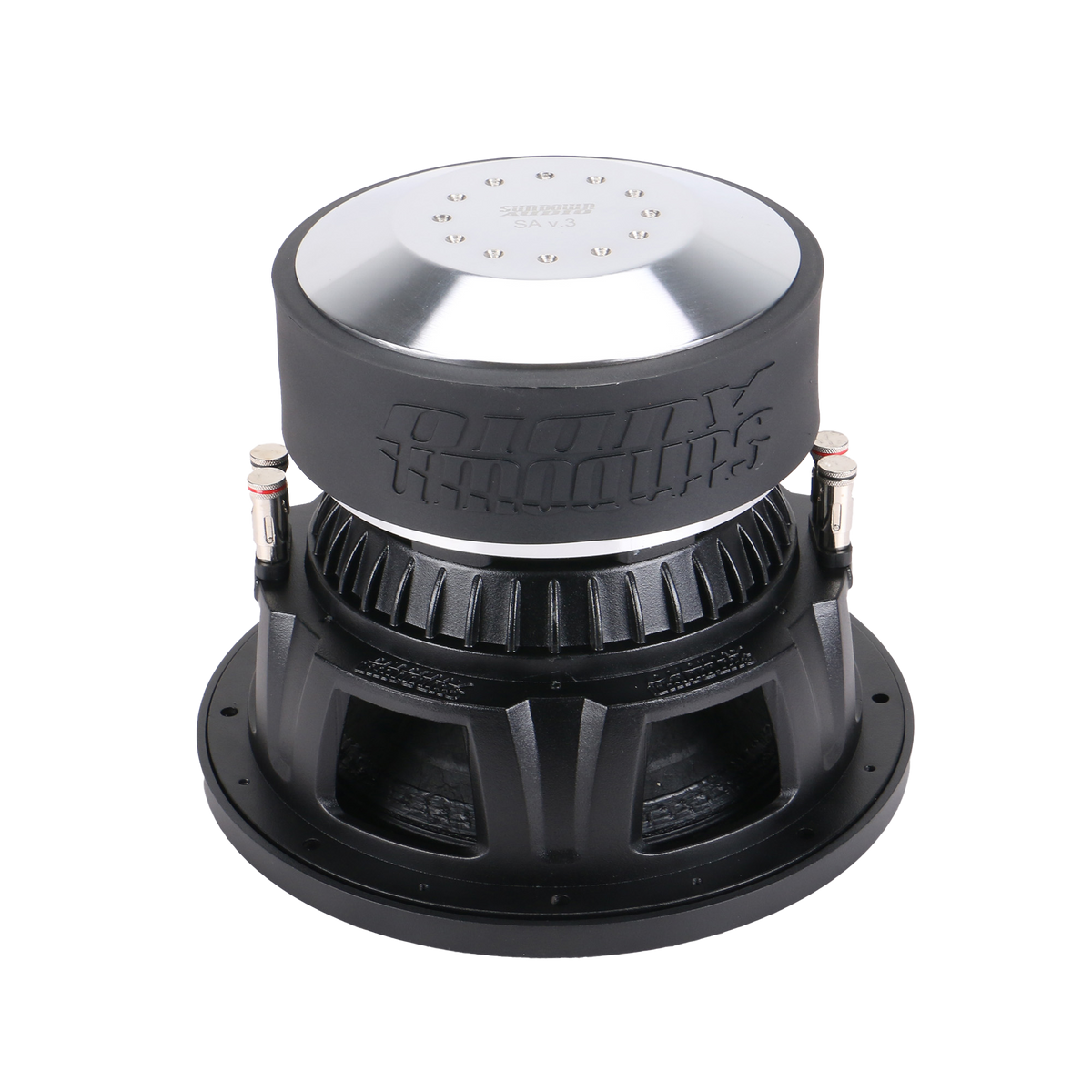 The Sundown Audio SA-Series v.3 10 Subwoofer is large, black, and silver with dual voice coils, connectors, a polished metallic top, and ventilated sides. It delivers deep bass with RMS 1250 watts to enhance audio systems.