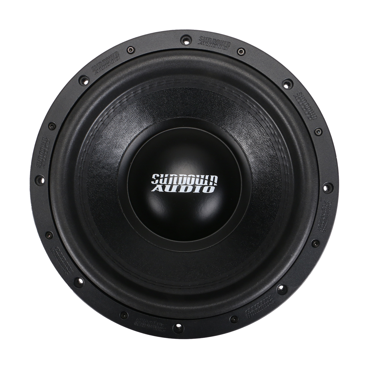 Close-up of a black Sundown Audio SA-Series v.3 12 subwoofer, showcasing its textured cone and multiple mounting holes. Designed for dual voice coils, it complements its robust 1250 watts RMS power perfectly.