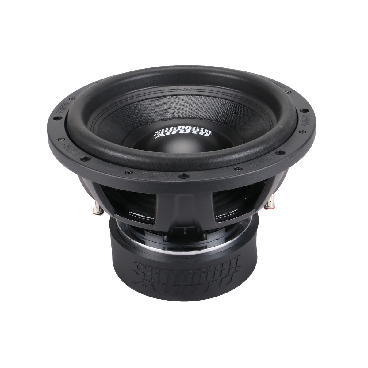 The Sundown Audio SA-Series v.3 12 Subwoofer features a black, round speaker cone with dual voice coils for enhanced precision. Its robust metallic frame and thick edges ensure durability. At the bottom, the brand name and RMS 1250 watts are displayed on a plain white background.