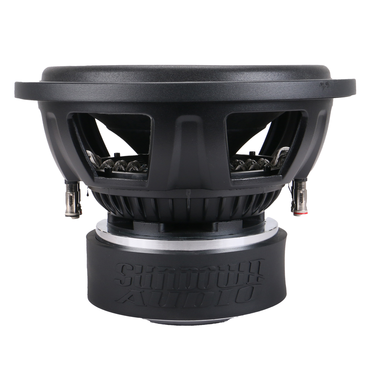 A large black Sundown Audio SA-Series v.3 12 Subwoofer showcases its round, cone shape and dual voice coils against a white backdrop. With 1250 watts RMS, visible internal components and connectors highlight its advanced enclosure specifications.