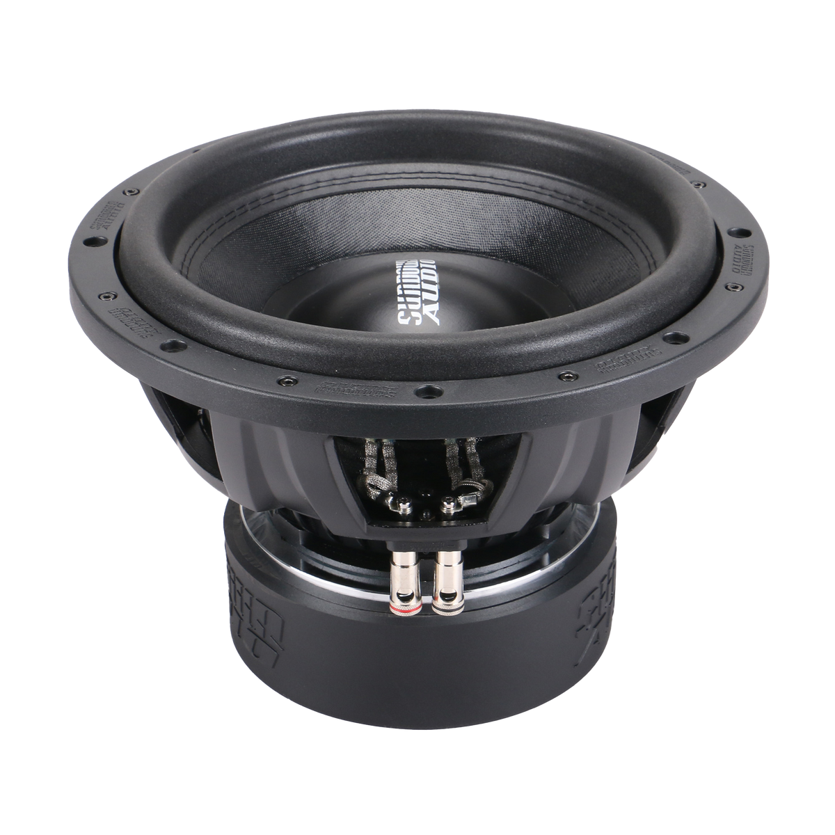 The SA-Series v.3 12 subwoofer by Sundown Audio features a sleek black, round design with a detailed cone and dual voice coils. Its robust casing includes visible screws and connectors, and the brand name is printed on the inner cone. It supports 1250W RMS of power.
