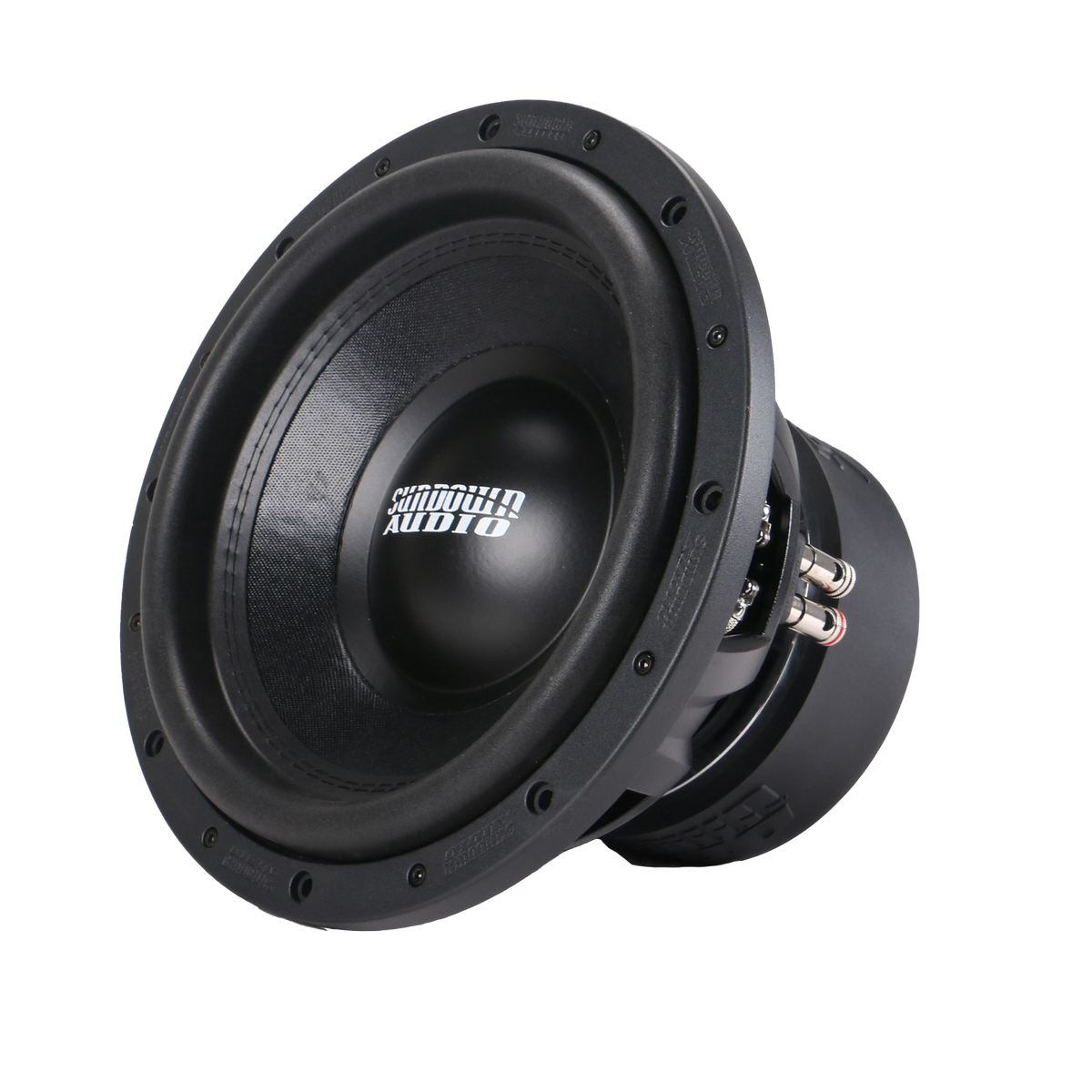 The Sundown Audio SA-Series v.3 12 subwoofer is a sleek, modern black speaker with dual voice coils, a round shape, and metallic frame. It features visible mounting holes, connectors, the brand logo on the cone, and an RMS of 1250 watts.