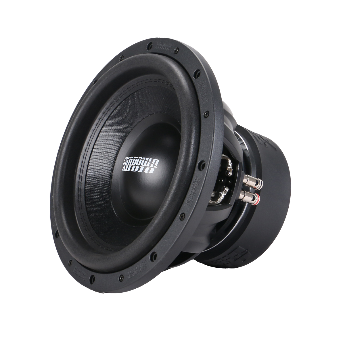 The SA-Series v.3 12 Subwoofer by Sundown Audio is a sleek, modern black speaker featuring dual voice coils, a round cone with bolt hole rims, and a prominent logo on the cone surrounded by visible connections. It delivers RMS 1250 watts of power, standing against a plain white background prepared to deliver powerful sound.