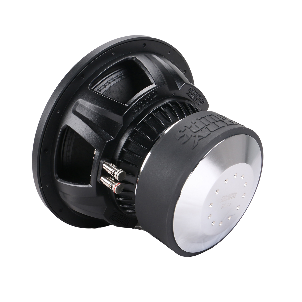 The Sundown Audio SA-Series v.3 12 subwoofer boasts a sleek black and chrome design with prominent ridges, a large magnet, and visible connection terminals. It features dual voice coils for enhanced audio performance, emphasizing its robust build.