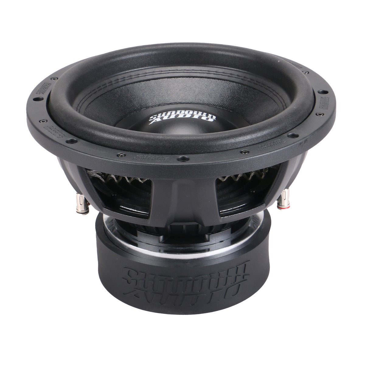 The Sundown Audio SA-Series v.3 12 Subwoofer, in black with a circular design and visible speaker cone, features the brand logo. Equipped with dual voice coils and 1250 watts RMS, it offers a robust, industrial look ideal for high-performance enclosures.