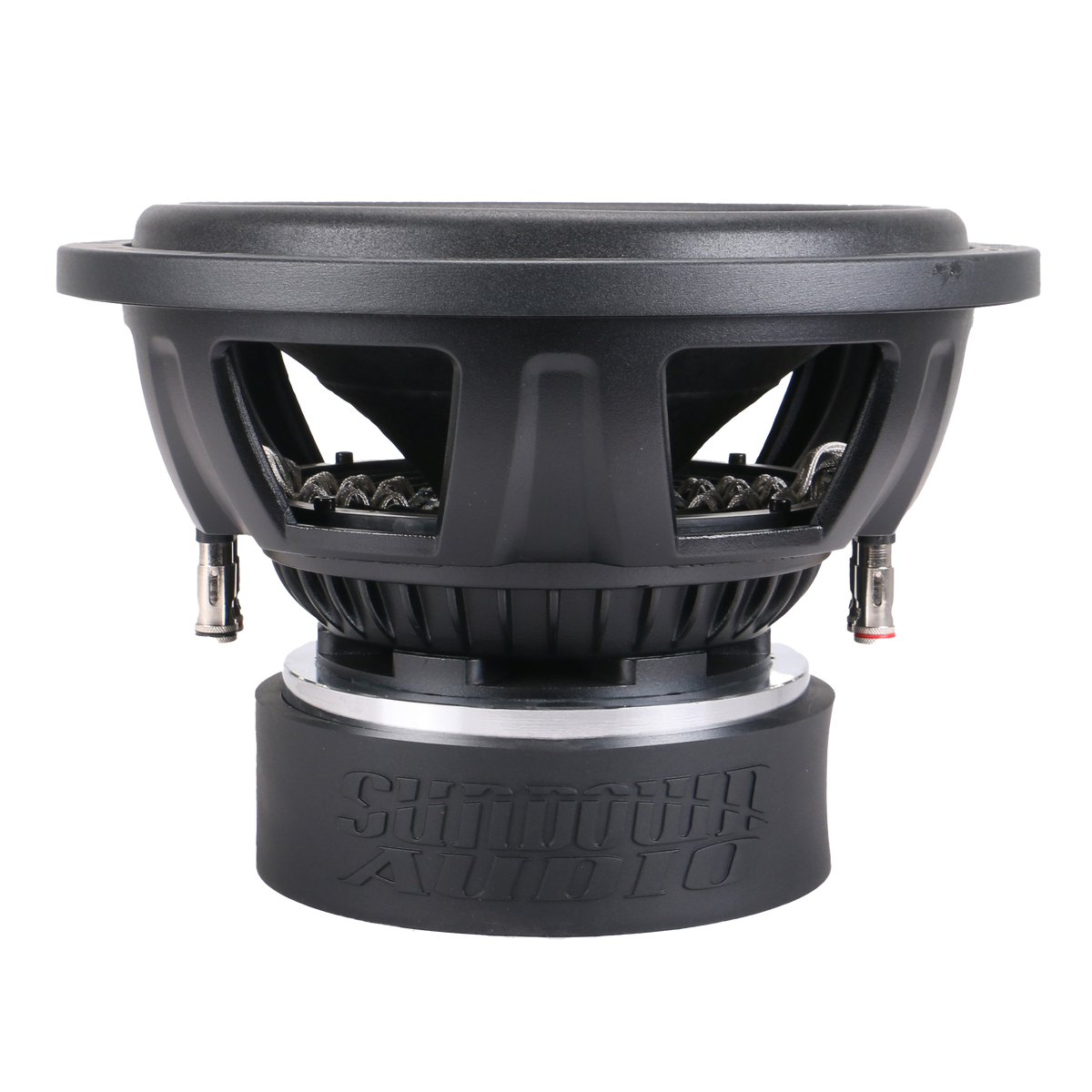 The SA-Series v.3 12 Subwoofer by Sundown Audio features a black, rugged design with visible dual voice coils, 1250 watts RMS, and has Sundown Audio embossed on the bottom panel. It includes a sturdy base and terminals for connection.