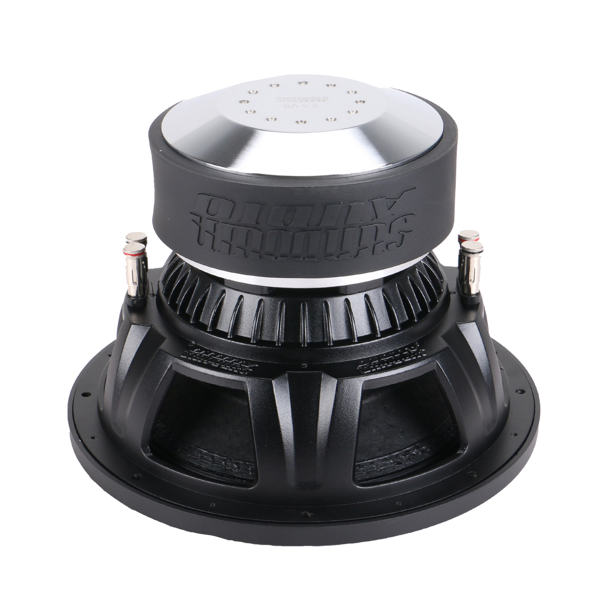 The SA-Series v.3 12 Subwoofer by Sundown Audio is a large black subwoofer with a metal top, engraved branding, and side connectors. Its industrial design features dual voice coils, ideal for high-performance audio systems with RMS power of 1250 watts.