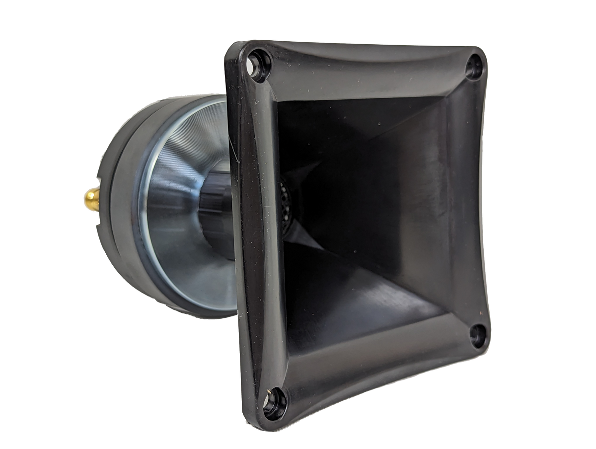 The SDEH-04 Horn Driver by Sundown Audio is a black, square horn featuring a flared opening and circular base with a metal component. Its smooth, glossy surface complements PA systems, and its sleek design showcases powerful 100W capabilities against a white background.