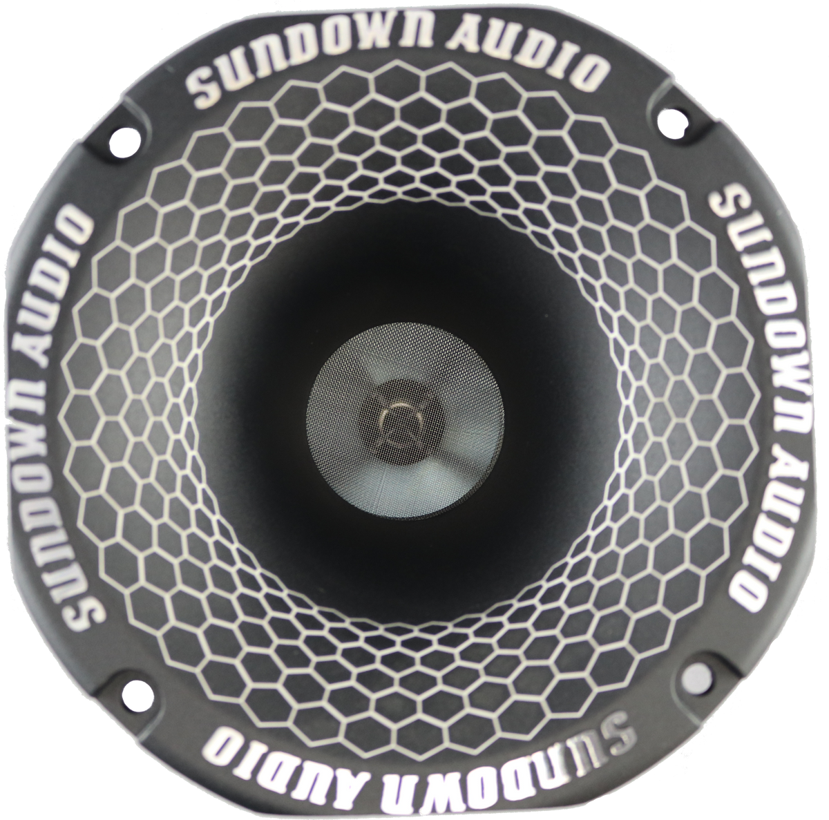 Close-up of the SHFST 2 Throat Super Horn by Sundown Audio, featuring a hexagonal pattern around the edge. The horn driver, with a perfectly centered cone, showcases its wide frequency range and ferrite magnet.