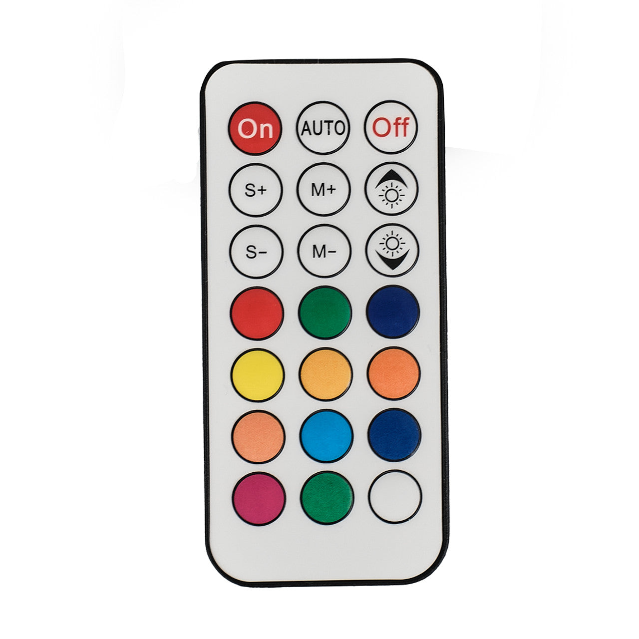 A remote control with a grid of small buttons similar to those used with the SMD 4-Channel Class AB Amplifier by Steve Meade Designs. The top row features red On, Auto, and Off buttons. Beneath them are letters and symbols, accompanied by various colorful circular buttons for versatile operation.