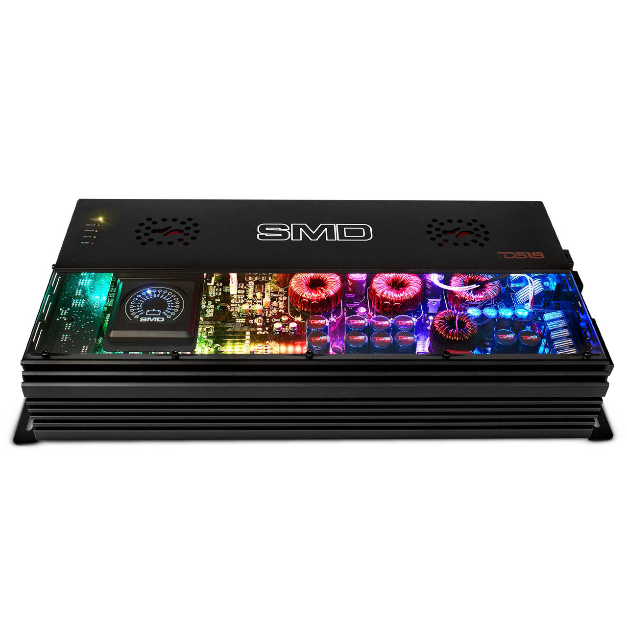 Image of a sleek black SMD 5-Channel Amplifier with a partially transparent lid, revealing its internal components. The VM-1 Voltmeter highlights circuits and coils with vibrant LED lights, encapsulating the innovative technology from Steve Meade Designs.