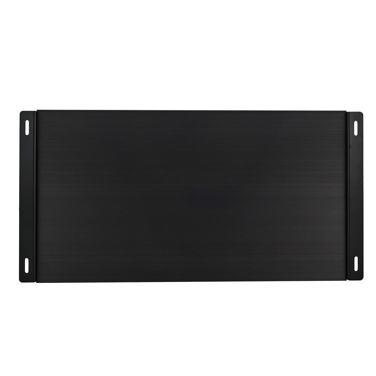 The SMD 5-Channel Amplifier by Steve Meade Designs features a black rectangular metal plate with ridges and four mounting holes at each corner for rack mounting. It seamlessly integrates with digital LED lights for enhanced visibility.