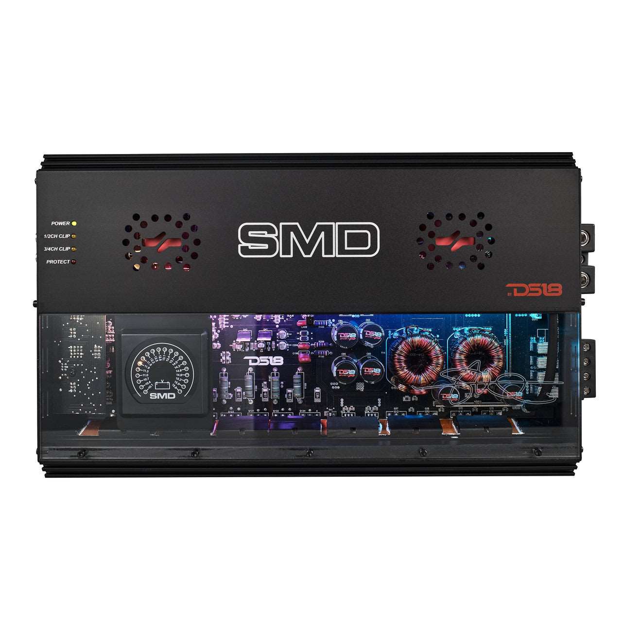 The SMD 4-Channel Class AB Amplifier with VM-1 Voltmeter and Digital LED Lights, delivering 4 x 500W at 2-Ohm from Steve Meade Designs, features a transparent section that reveals internal components like capacitors and coils. Its metal casing is branded with the Steve Meade Designs logo, while the digital LED lights on the left side highlight its Class AB Amplifier quality.