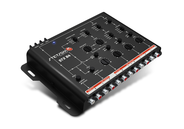 The Stetsom STX84 Four-Channel Crossover, featuring a sleek black design with stylish white labeling, includes multiple knobs and side connection ports, as well as a Bass Boost option to enhance your audio experience.