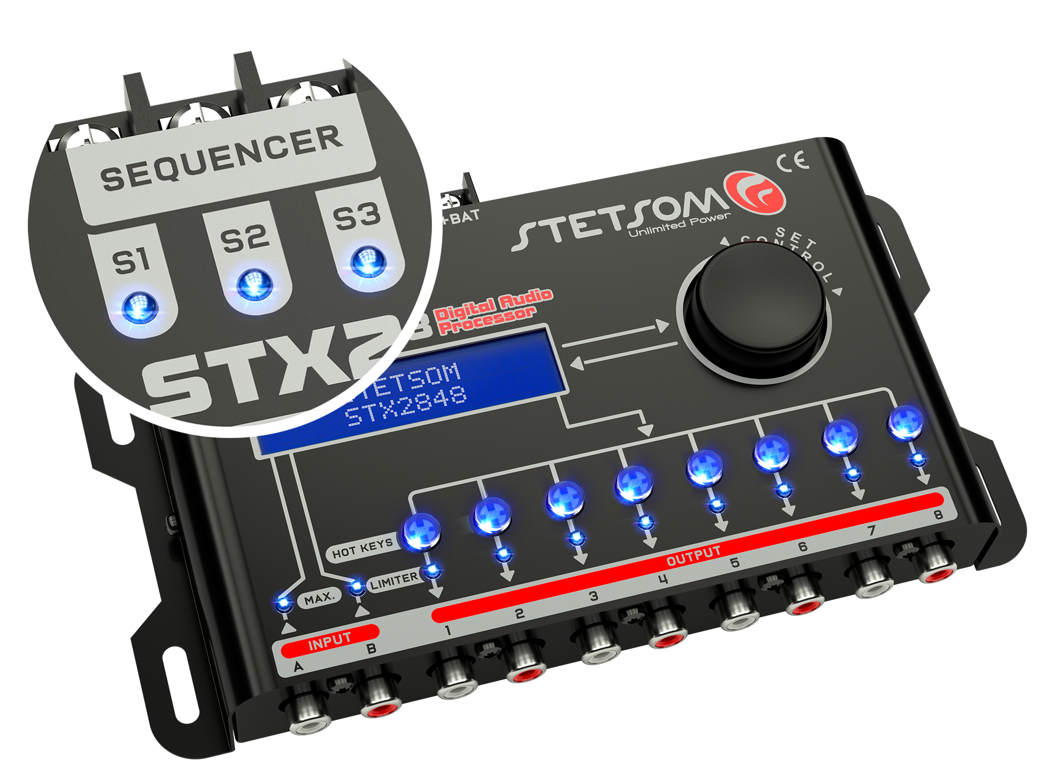 Image of a Stetsom STX2848 DSP Crossover Equalizer Eight-Channel Full Digital Signal Processor in black with blue LED lights, ideal for automotive sound enthusiasts. It features multiple input and output ports along with a parametric equalizer. A close-up inset highlights three sequencer buttons labeled S1, S2, and S3.