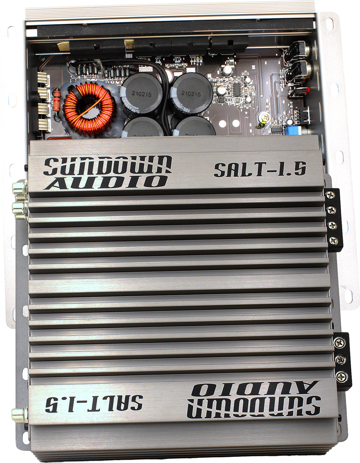 An overhead shot of the Sundown Audio SALT-1.5 Class D Amplifier reveals its metallic finish and prominent logo, along with an internal circuit board featuring coils, capacitors, and advanced subsonic filter tech for improved performance.