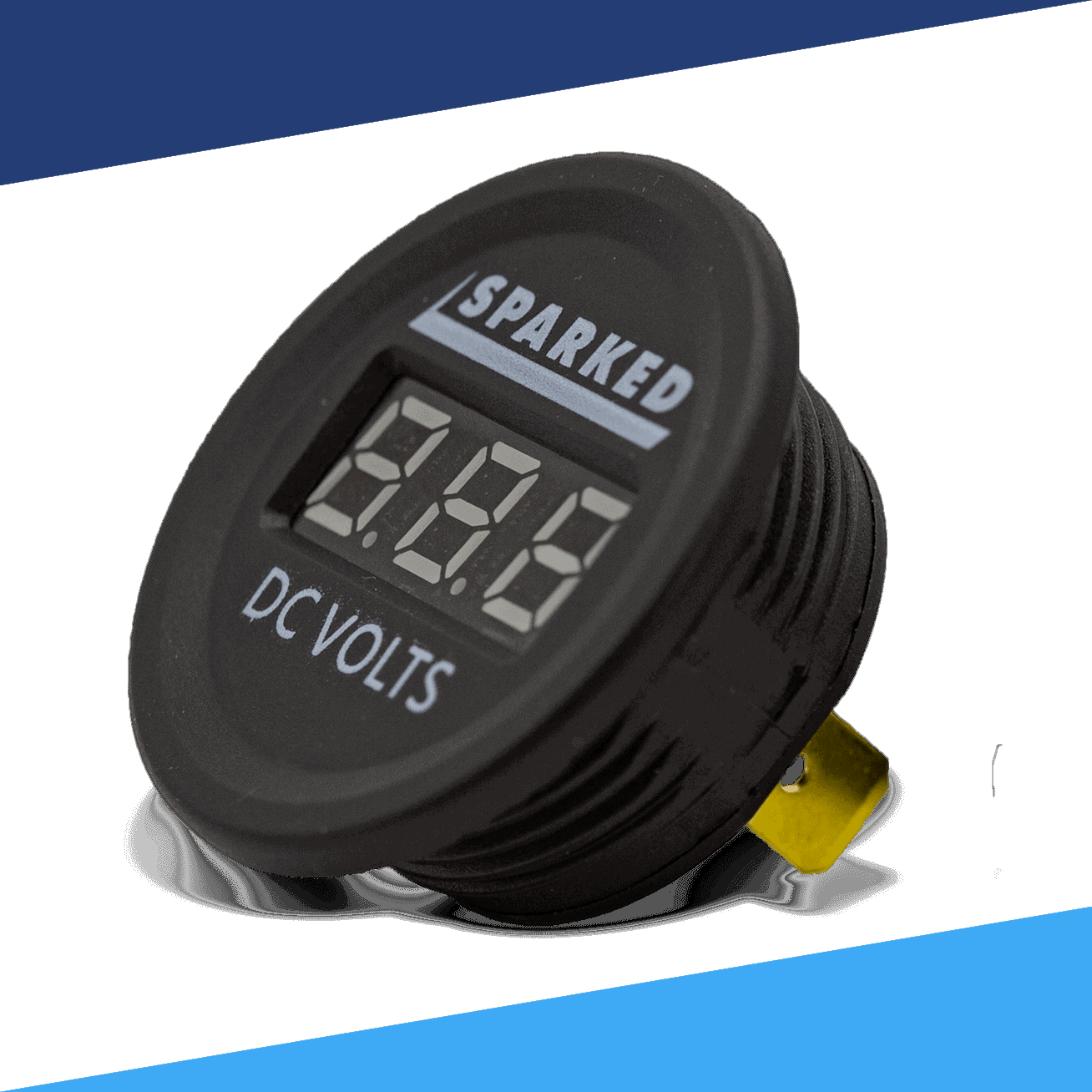 The Single 12VDC Voltmeter Battery Voltage Monitor by Sparked Innovations is a round voltmeter featuring a LED display for numerical readings with a black casing. It has "SPARKED" displayed at the top and "DC VOLTS" at the bottom. This IP67 waterproof device is showcased on an angled blue and black background.