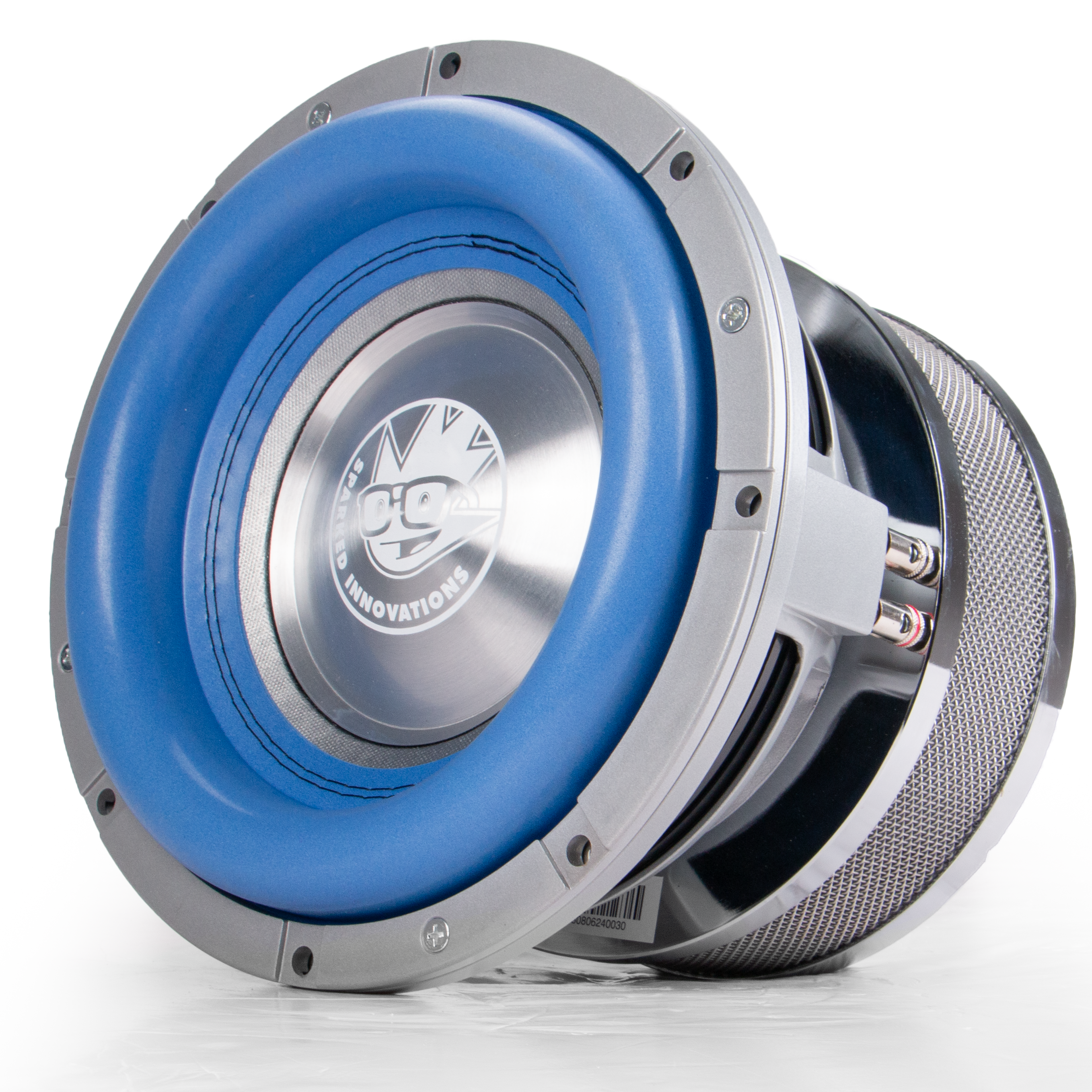 Close-up of a Sparked Innovations Bass Blaster subwoofer speaker featuring a silver body, blue outer ring, and prominently displayed brand logo in the center. This car audio masterpiece showcases a robust metallic build with intricate designs and numerous components.