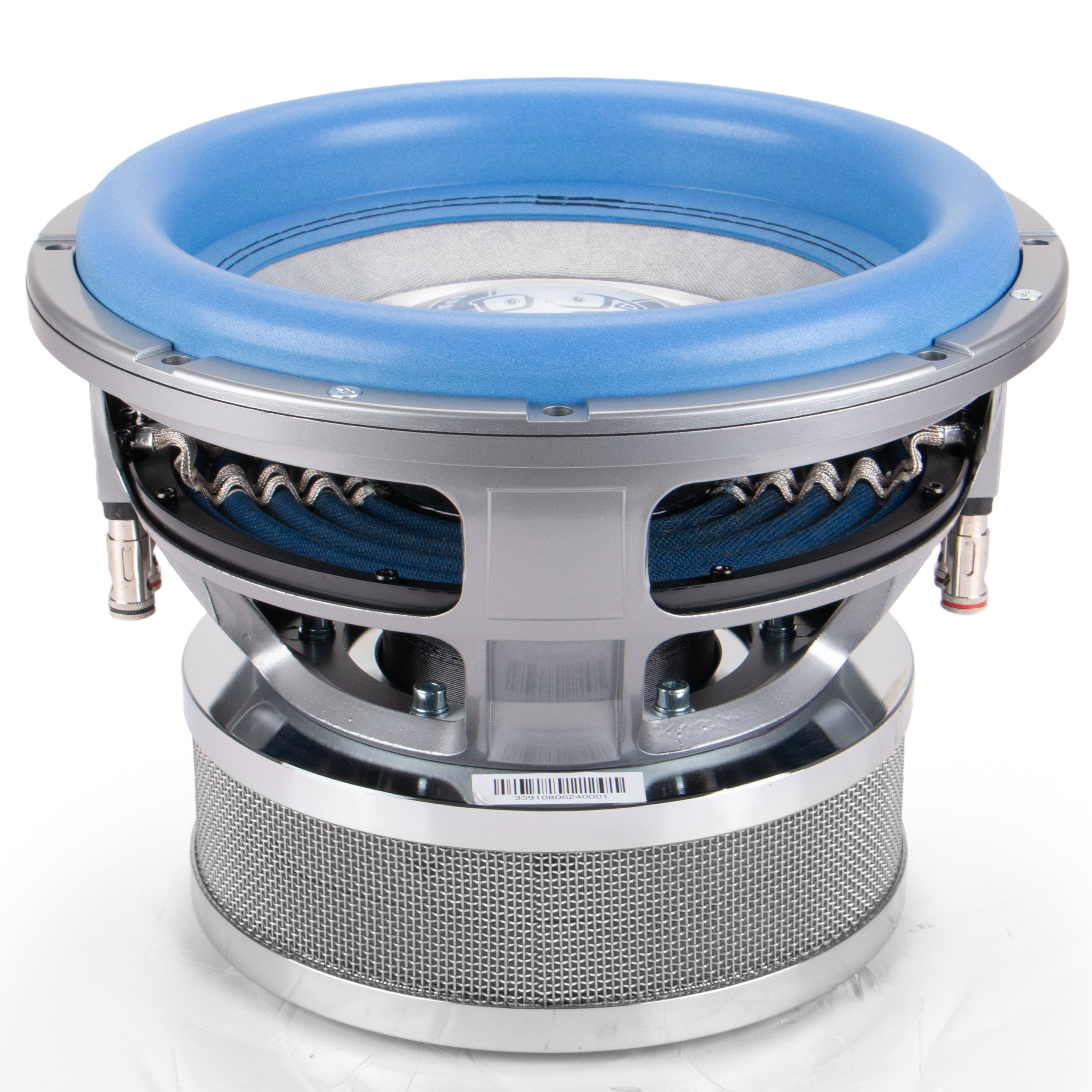 The Sparked Innovations 12" Bass Blaster Car Audio Subwoofer 2000W DVC, a substantial, round, blue powerhouse featuring a silver metallic frame and exposed coil, ensures unparalleled performance for high-powered systems. Its base includes a mesh covering and visible connections, making it perfect for ultimate car audio experiences.