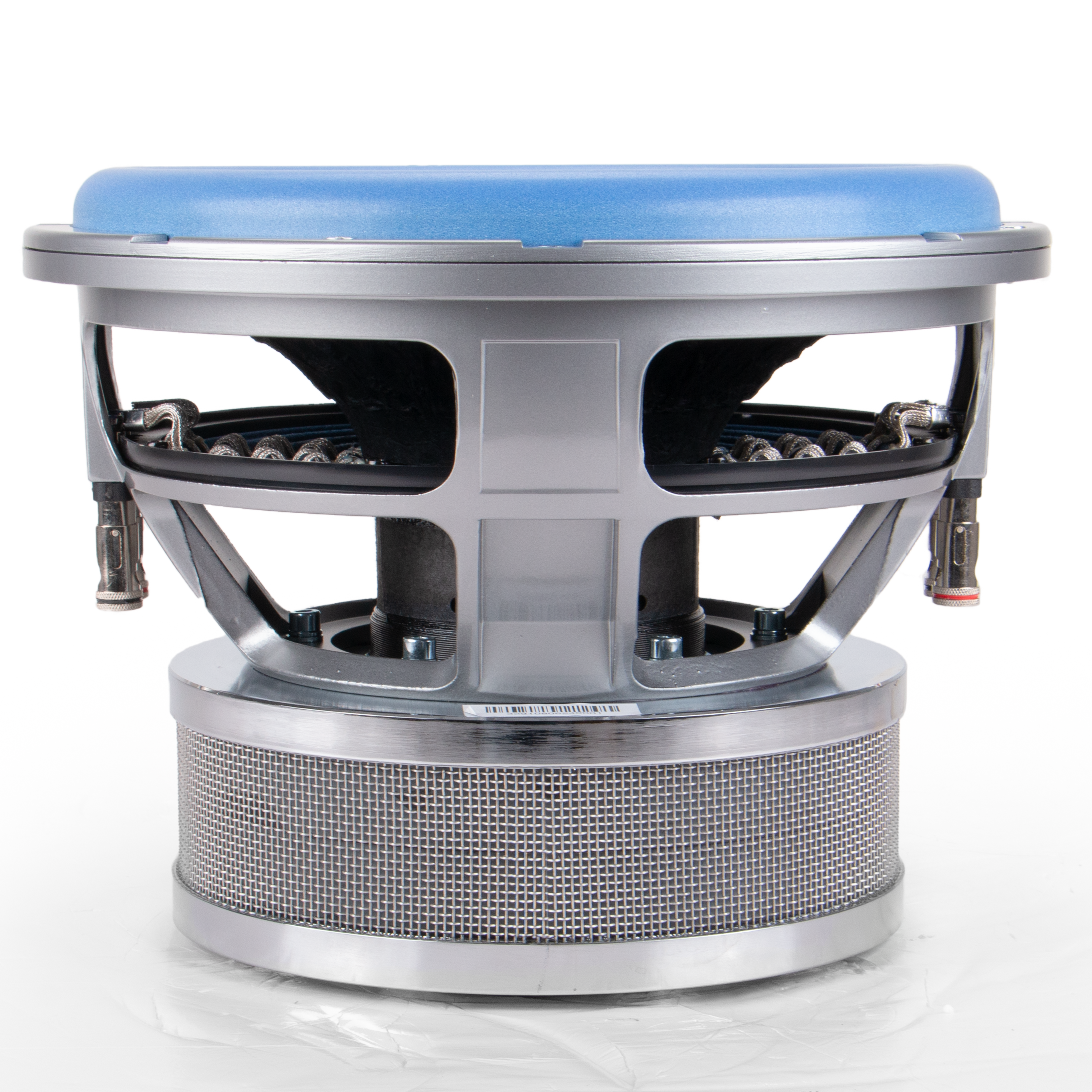 The Sparked Innovations 12" Bass Blaster Car Audio Subwoofer 2000W DVC features a striking design with a large silver frame and a blue top, highlighting its intricate metal components. Tailored for car audio enthusiasts, it offers an industrial and modern aesthetic with visible wiring and a perforated base, all set against a plain white background.