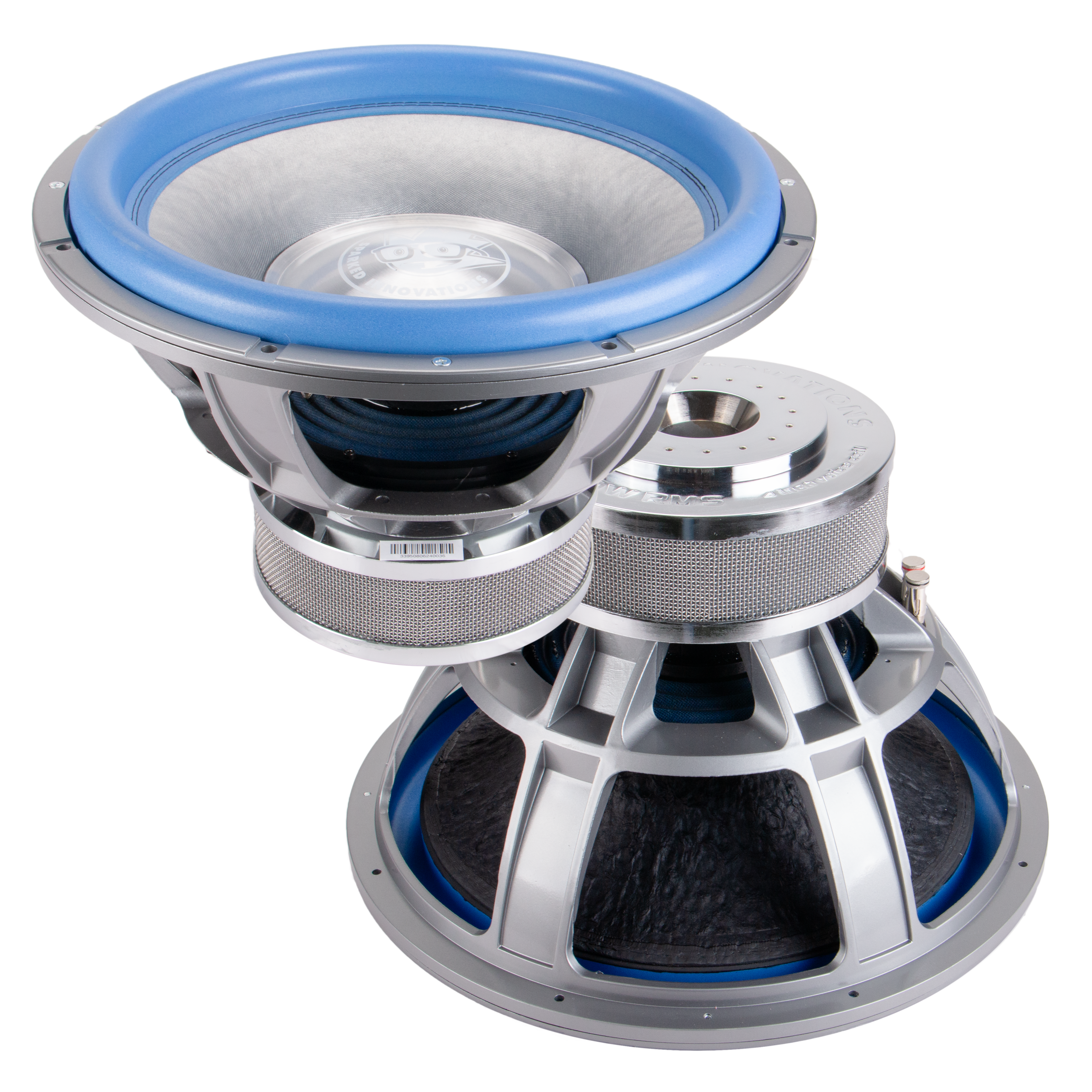 Close-up of the Sparked Innovations 18" Bass Blaster Car Audio Subwoofer 2000W DVC featuring blue and silver components. It showcases a robust frame with intricate detailing and a wide speaker cone, perfect for car audio enthusiasts. The design boasts an industrial and modern aesthetic, aligning with the quality standards of Sparked Innovations.