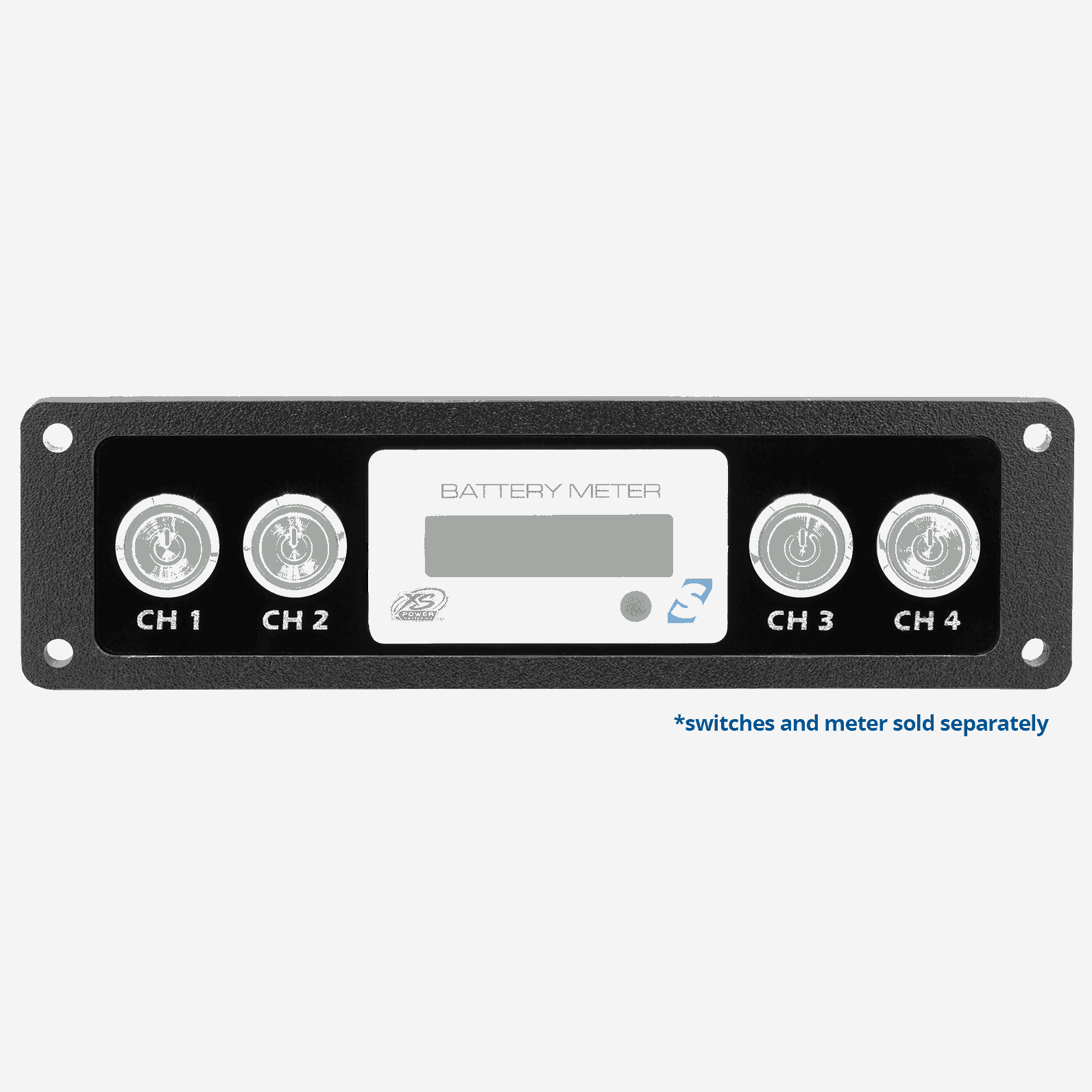 A Single DIN Switch Panel, designed to fit the XS Power Battery Monitor Voltmeter, by Sparked Innovations and XS Power, features a digital display at the center and four labeled circular ports marked CH 1, CH 2, CH 3, and CH 4. A note at the bottom right indicates that the switch and voltmeter panel are sold separately.